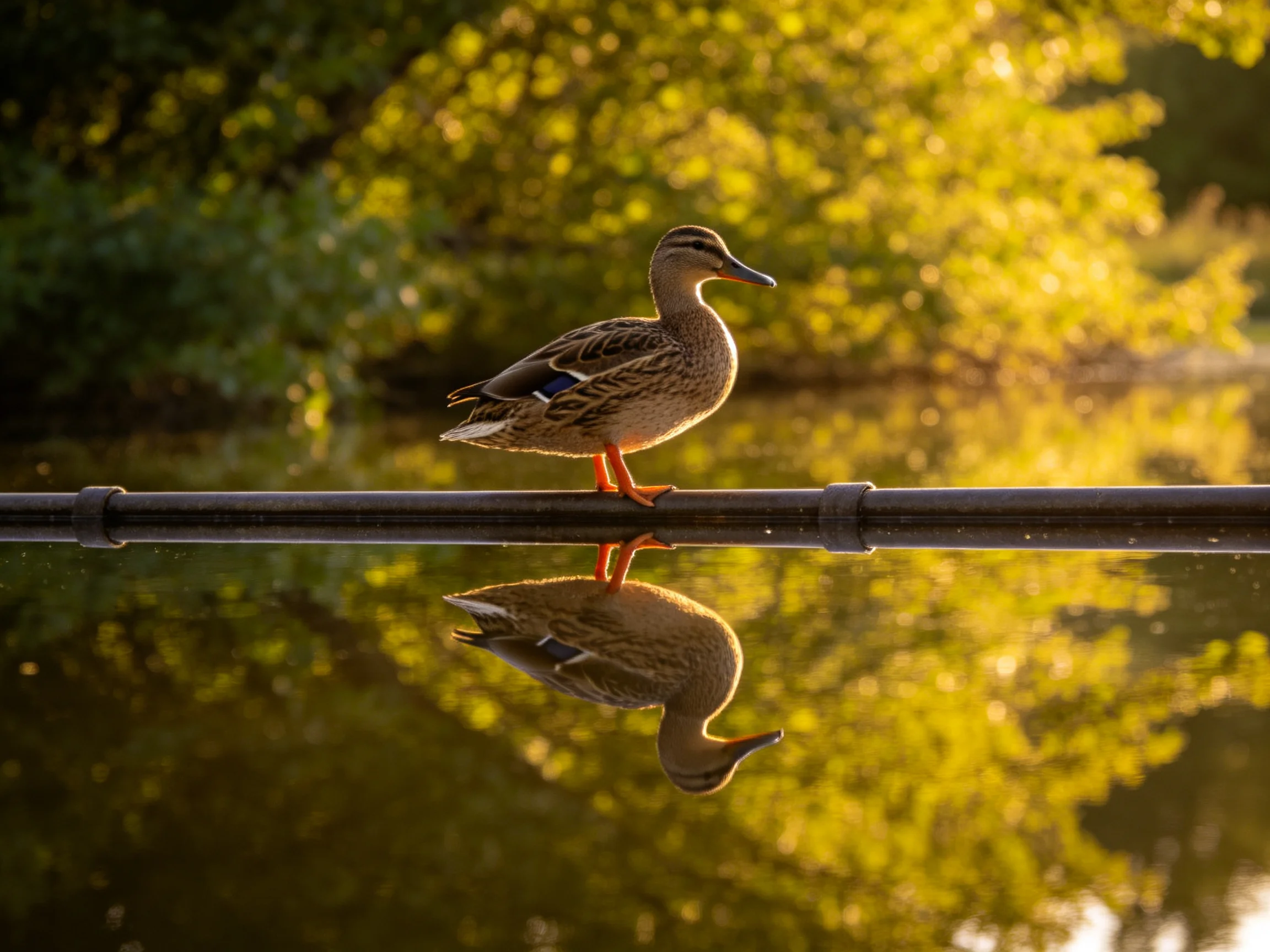 A duck perches on a rail above reflective water, surrounded by golden-hued foliage