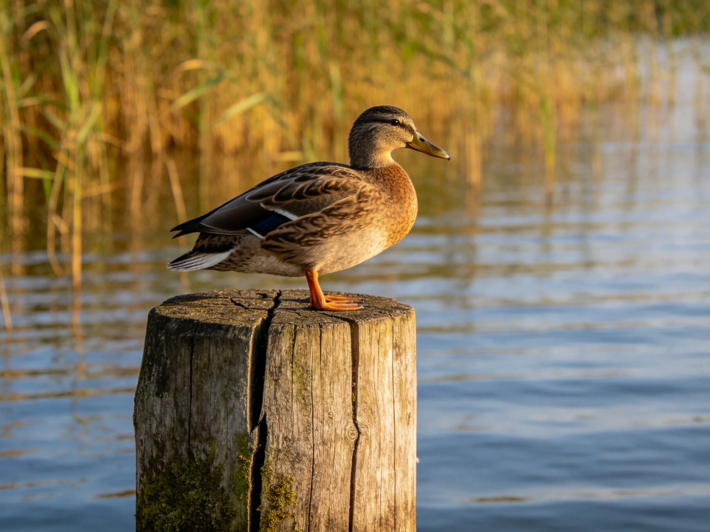 A duck perches on a weathered wooden post by calm waters