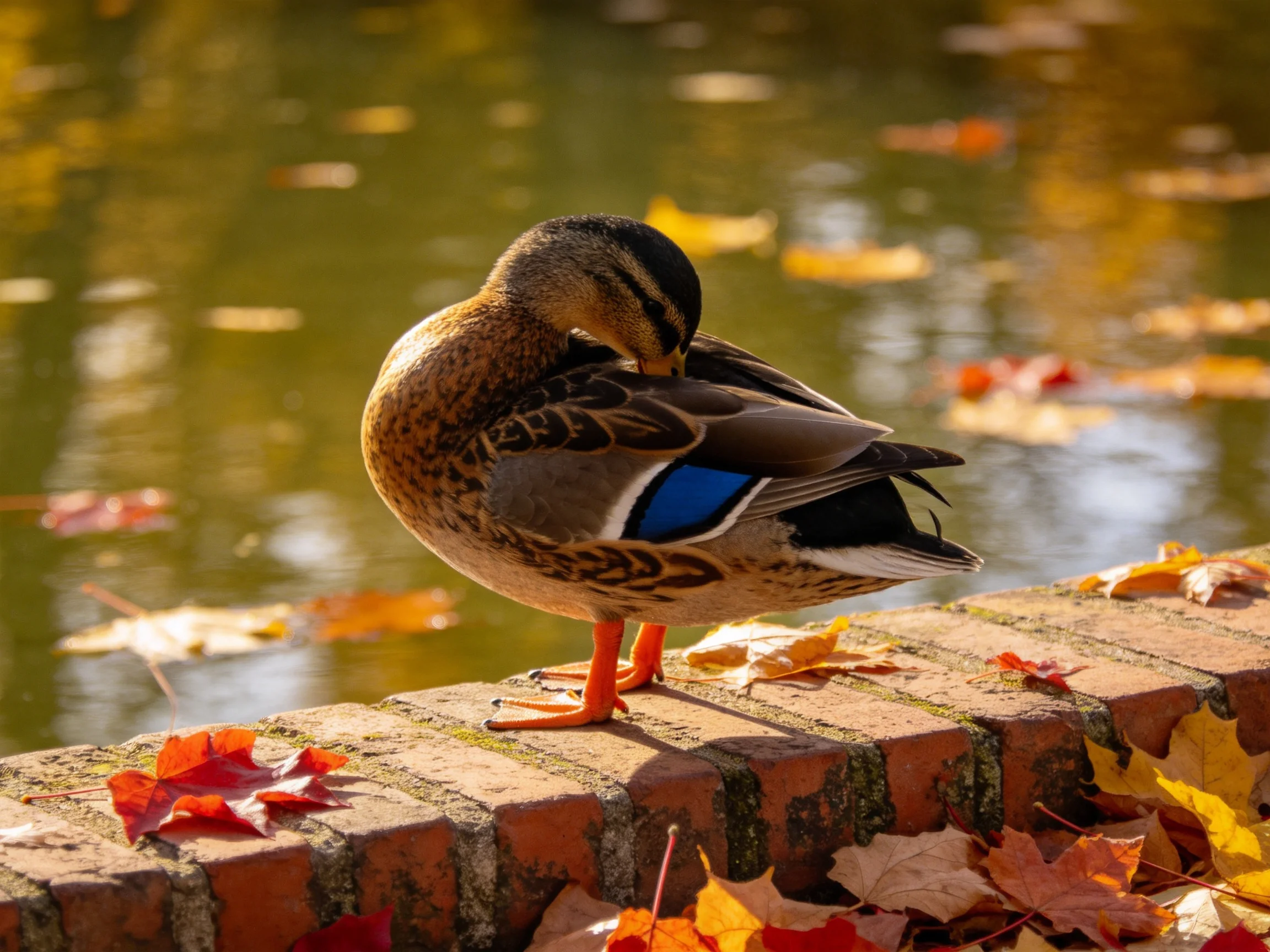 A duck preening on a brick ledge by a pond with autumn foliage