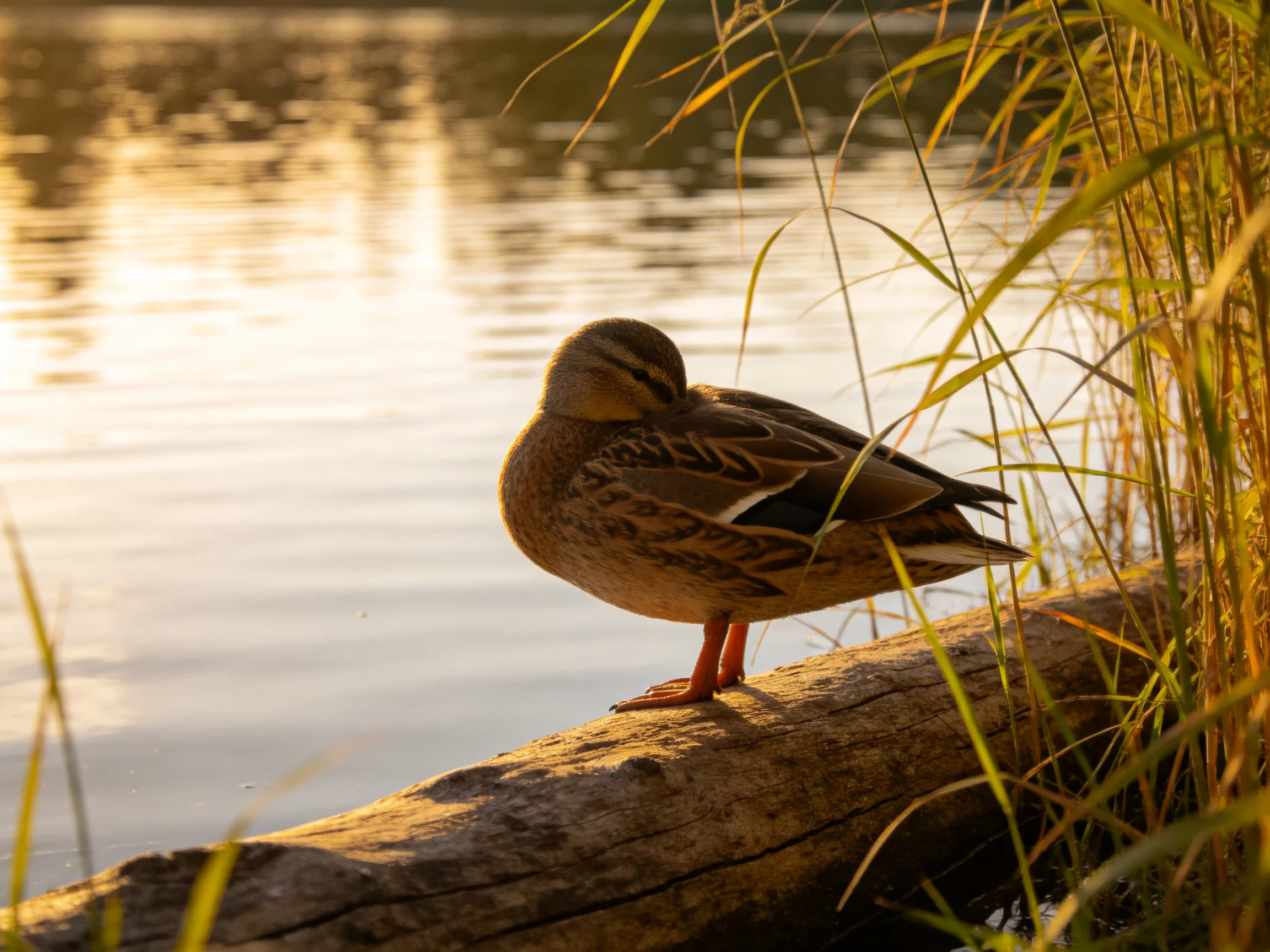 A duck preening on a weathered log by calm waters under golden sunlight