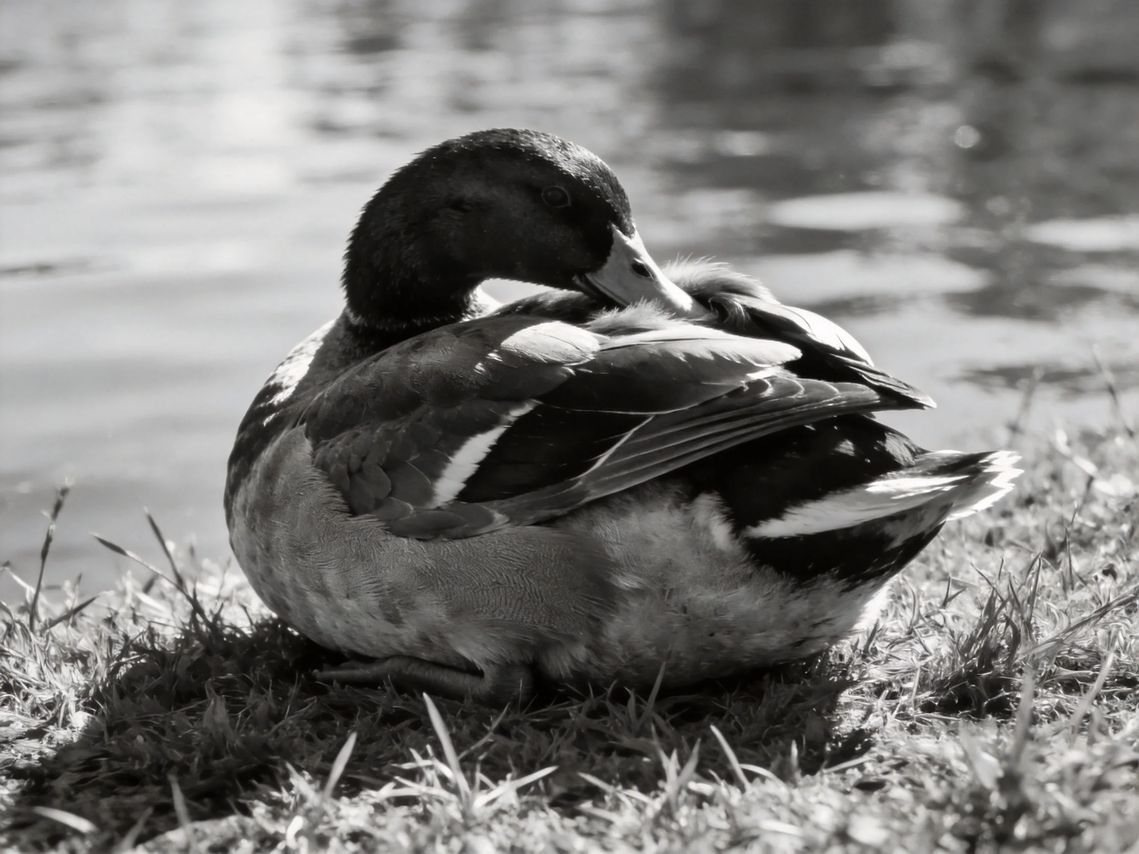 A duck preening on grassy shore by calm water