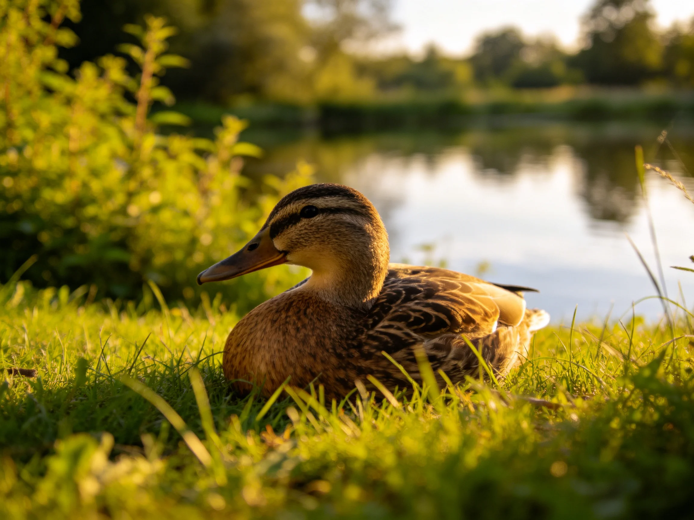 A duck resting on golden grass near a tranquil water body
