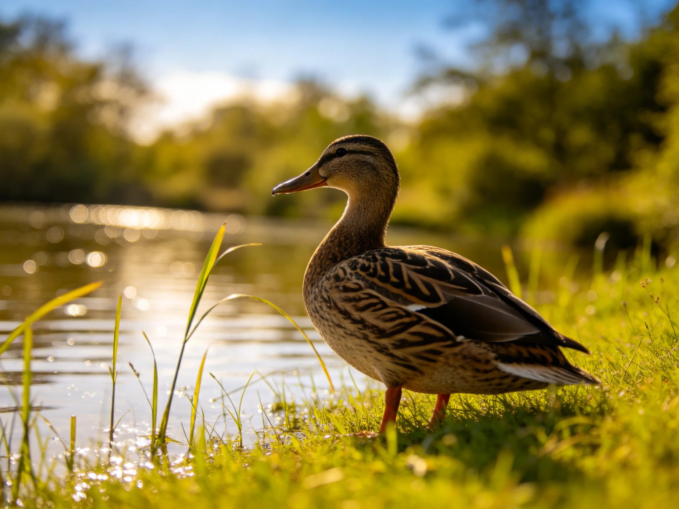 A duck rests by a sunlit riverbank with lush green grass
