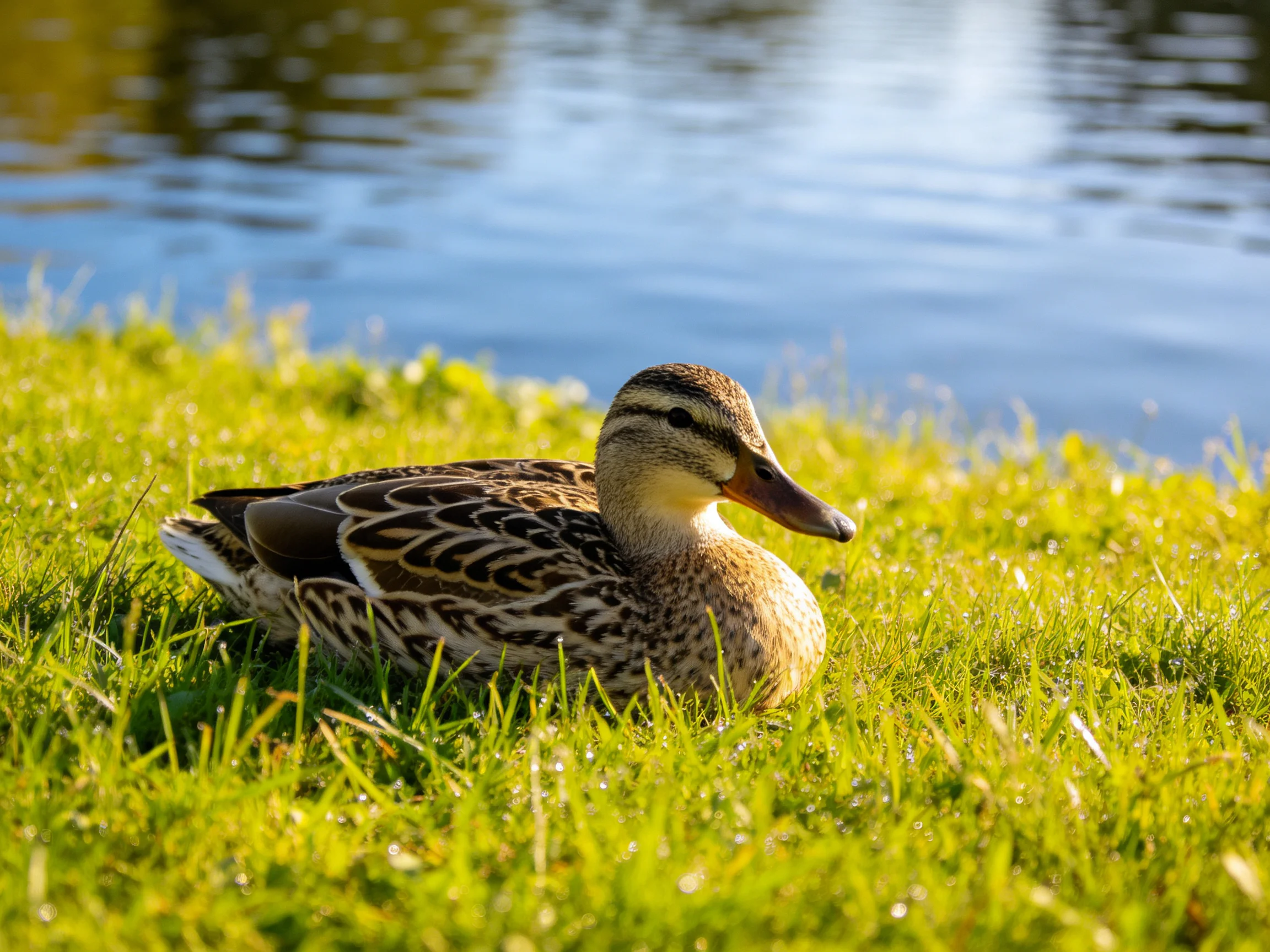 A duck rests on lush green grass by calm blue water