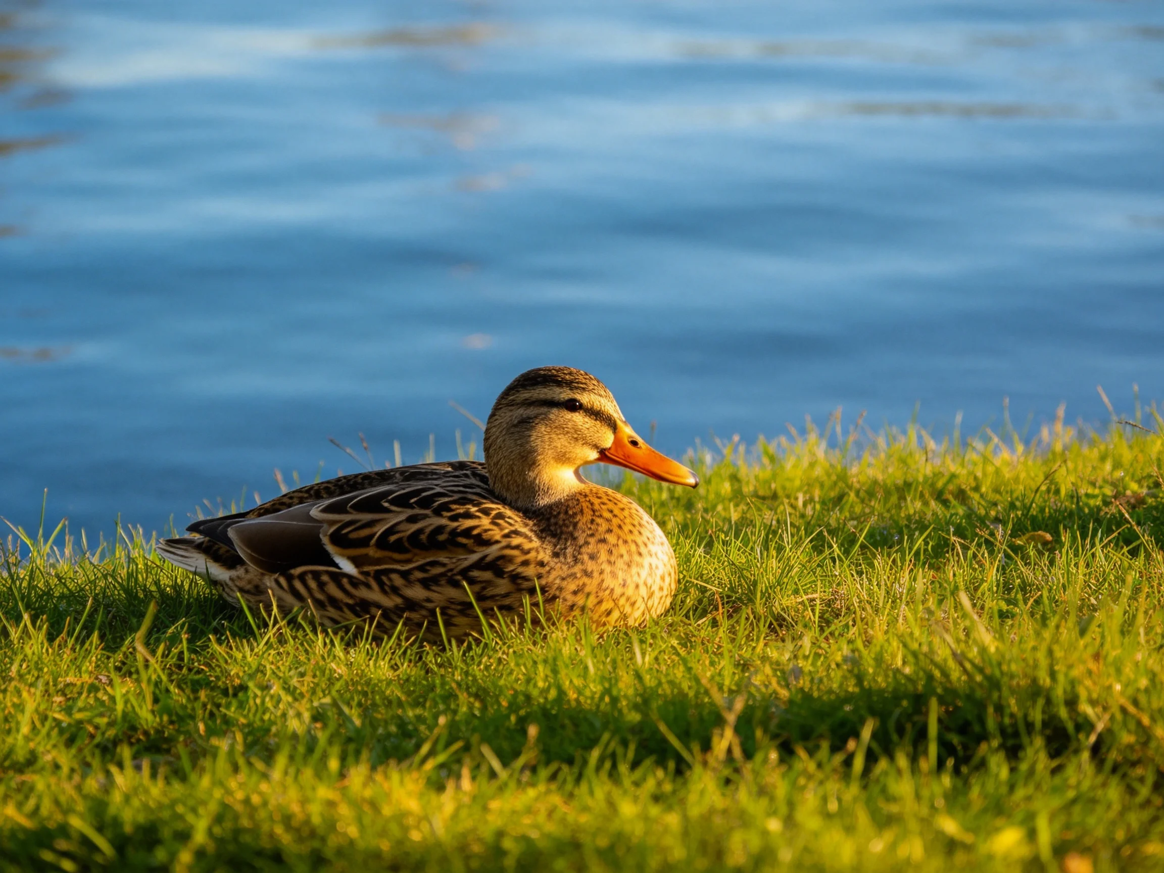 A duck rests on vibrant grass beside tranquil blue water