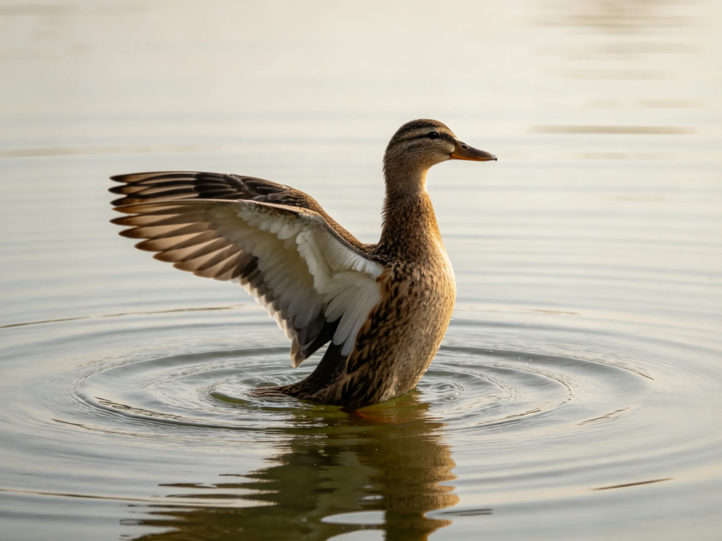 A duck spreading wings in calm, reflective water