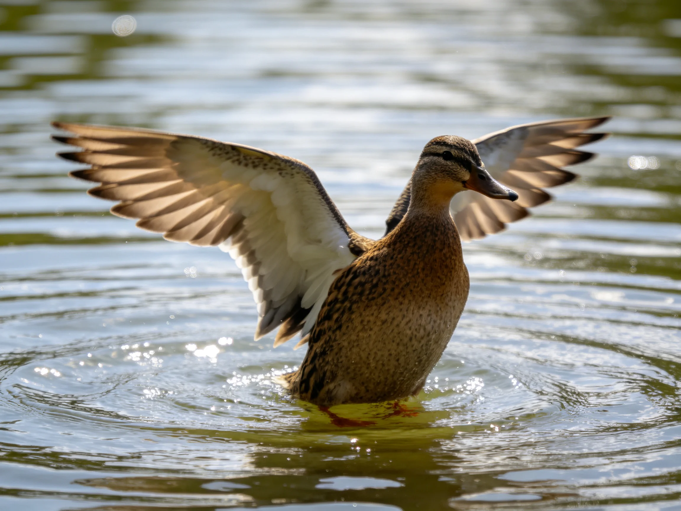 A duck spreading wings wide in shallow water with brown and white plumage