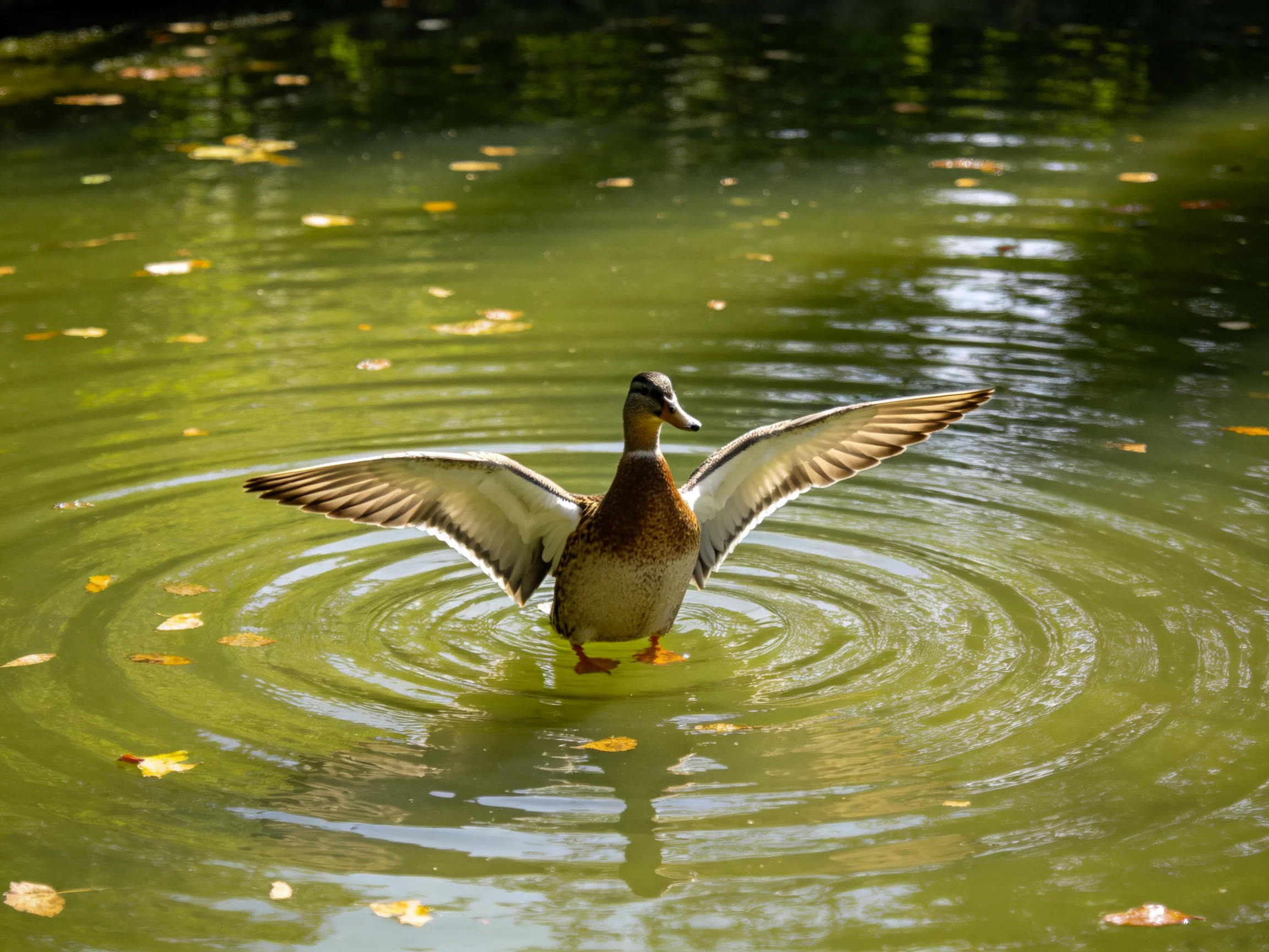 A duck spreads wings in a green pond with floating leaves