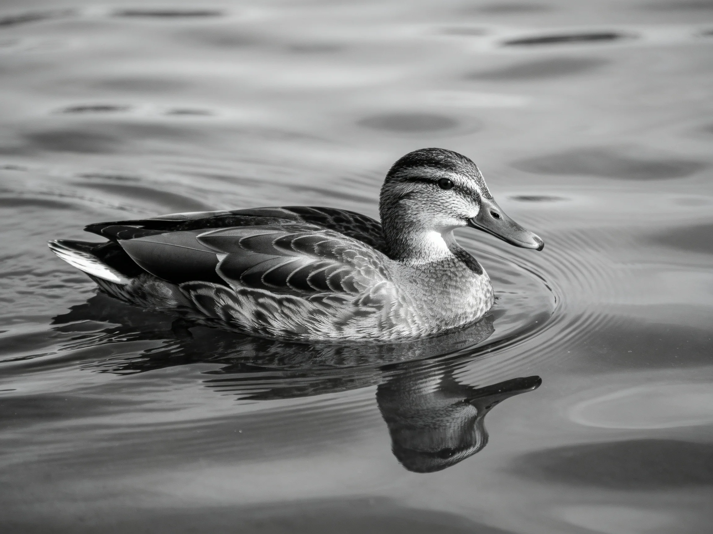 A duck swimming in calm, rippling water in black and white