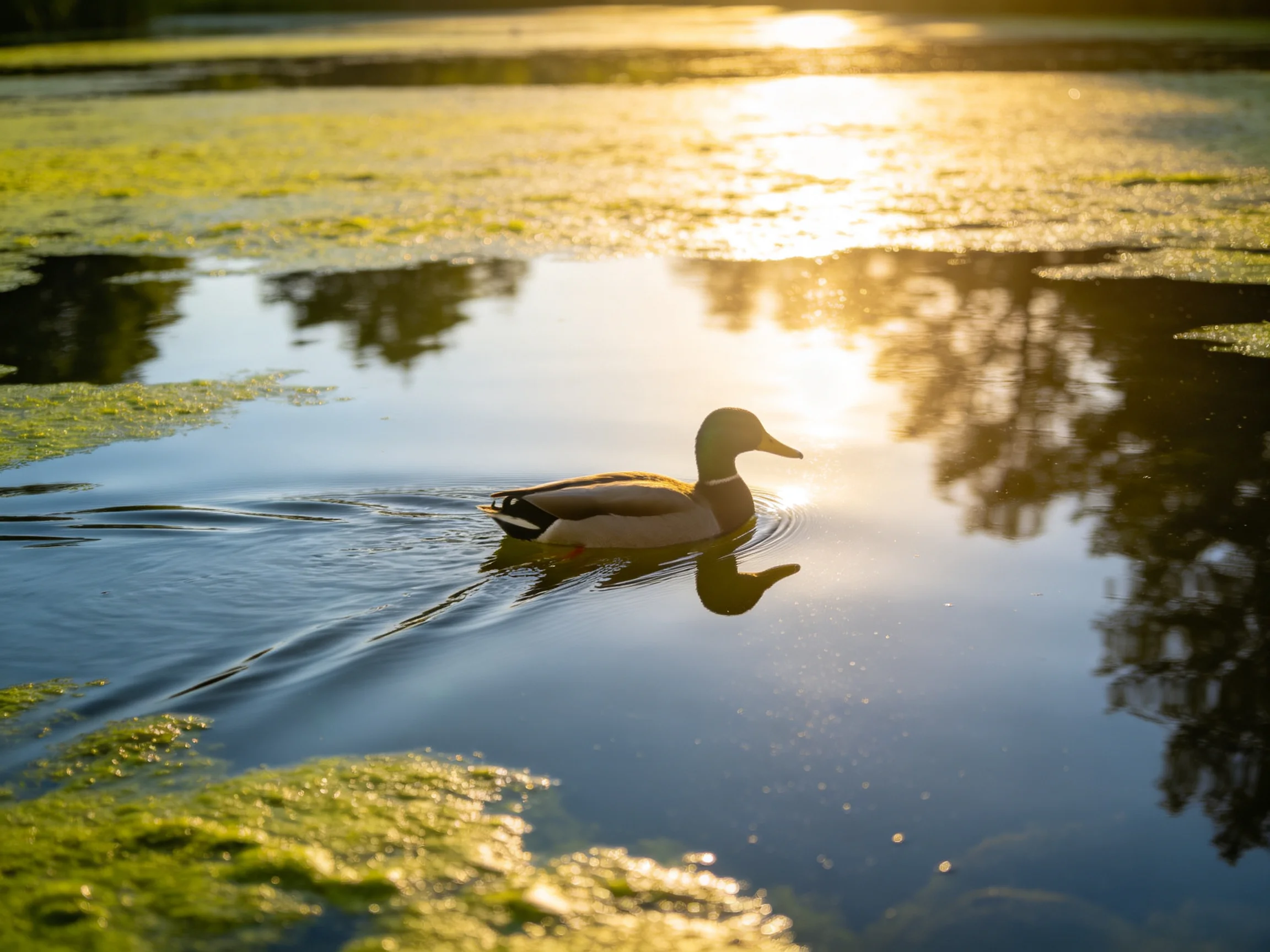 A duck swimming in calm water with golden sunlight and green aquatic plants