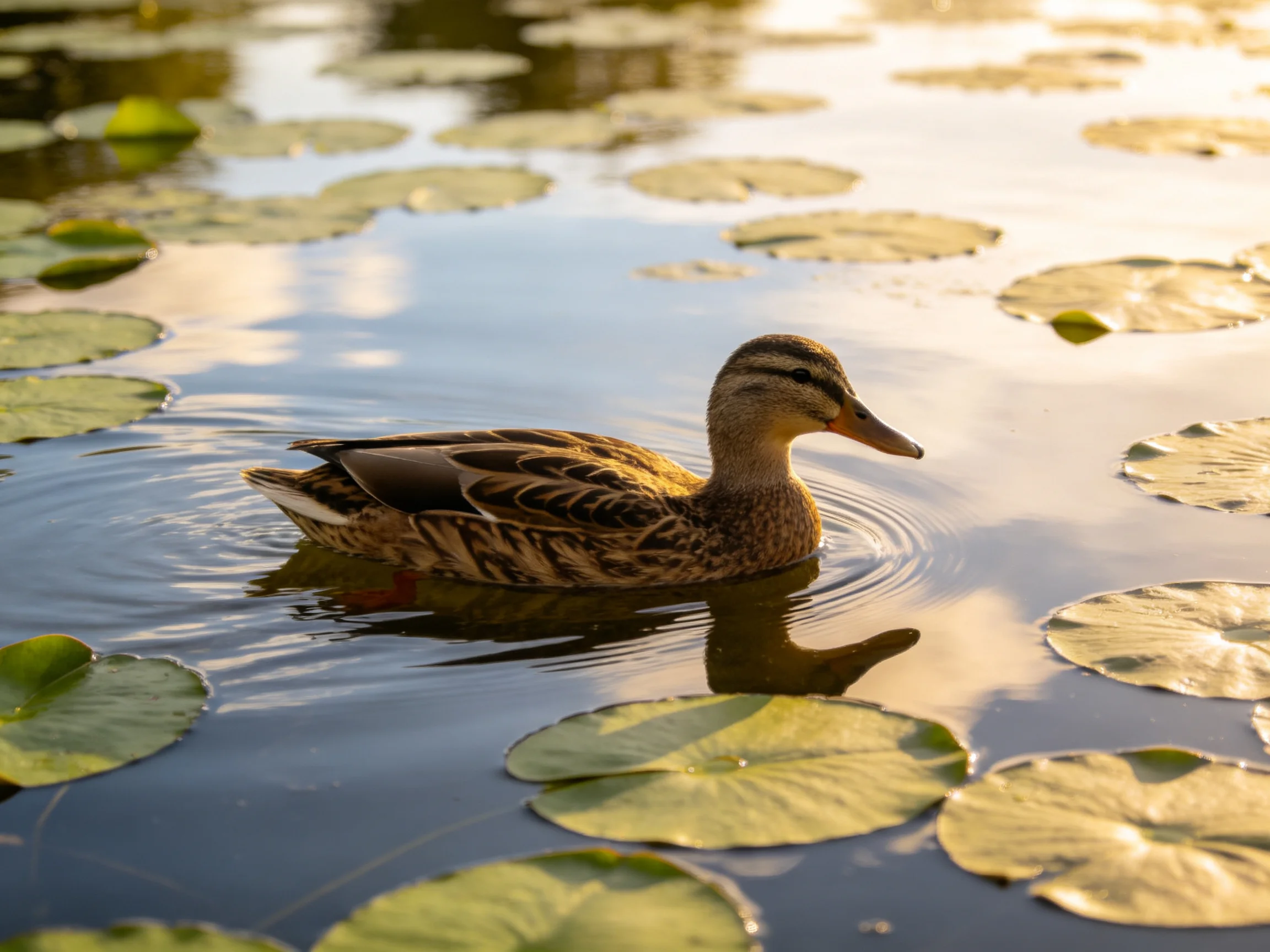 A duck swims among green lily pads in calm water