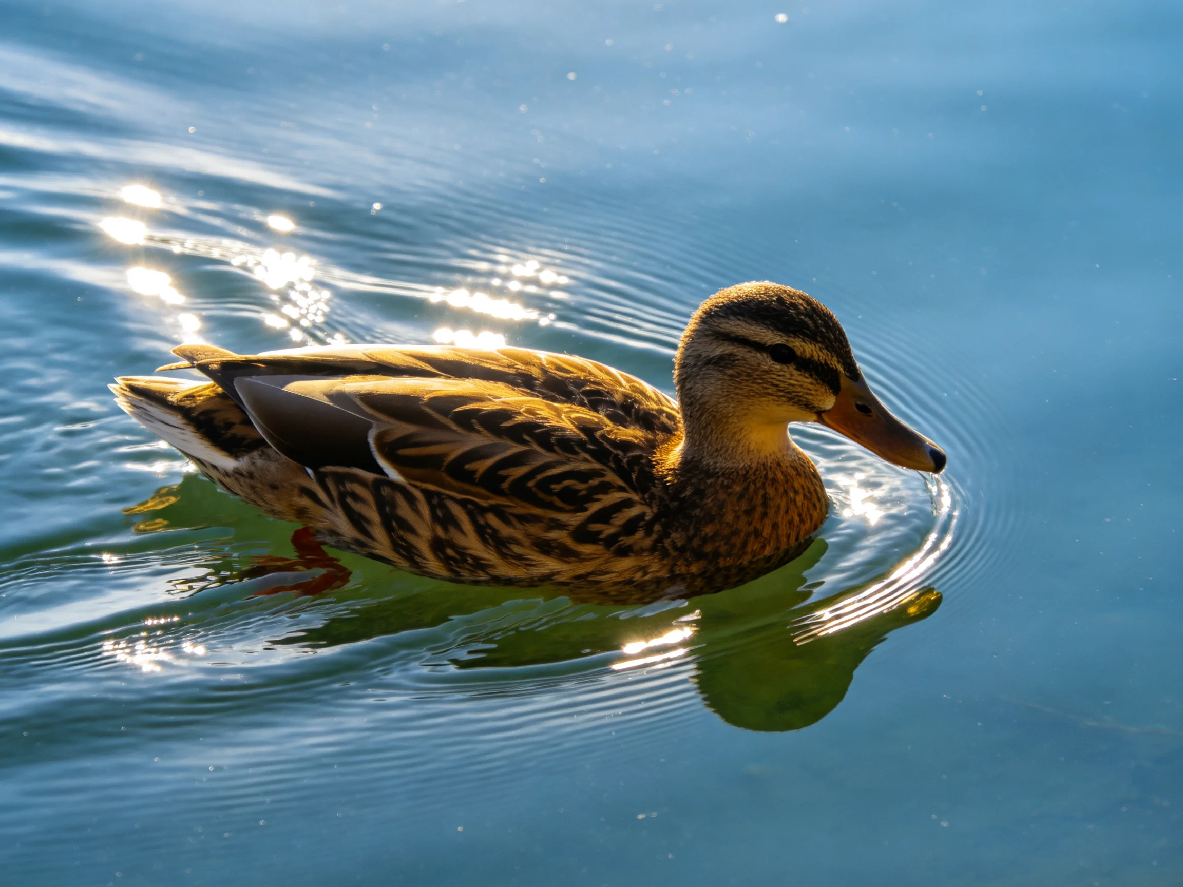 A duck swims gracefully in clear blue water with golden sunlight