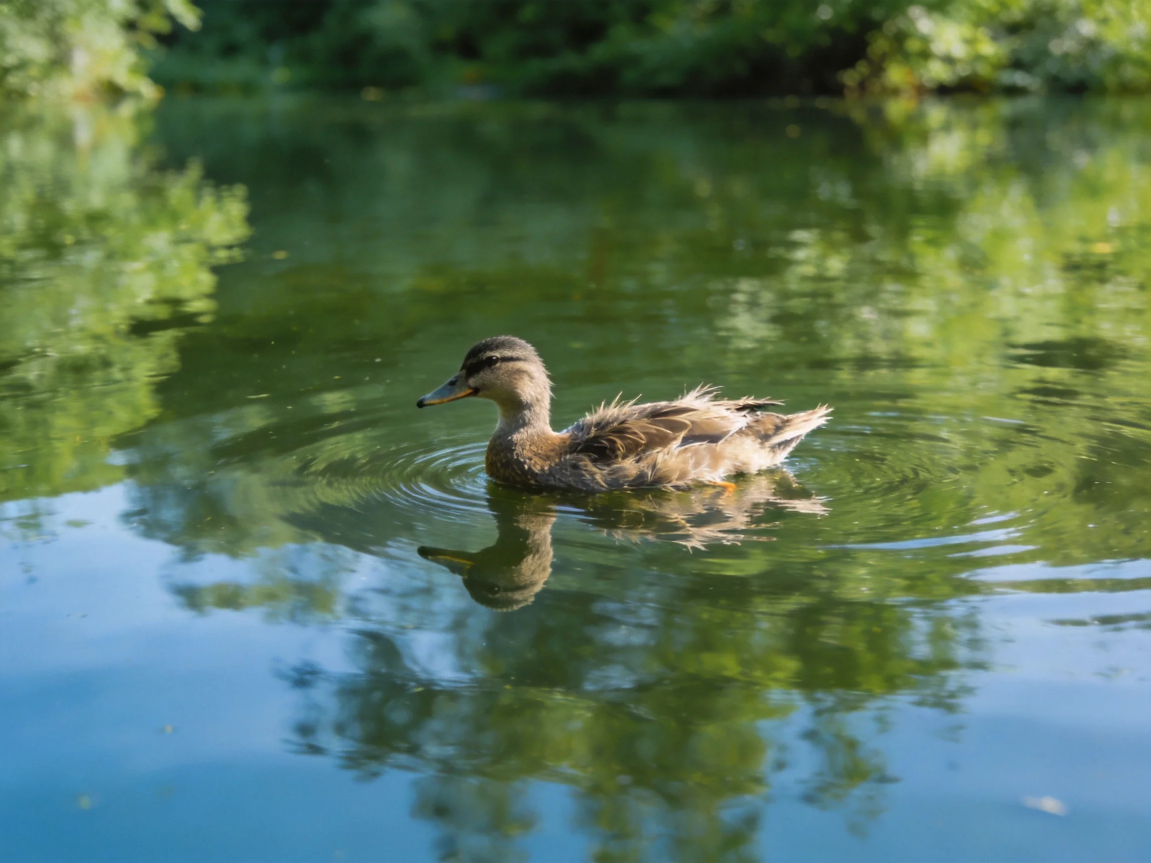 A duck swims in a calm pond with green foliage reflections