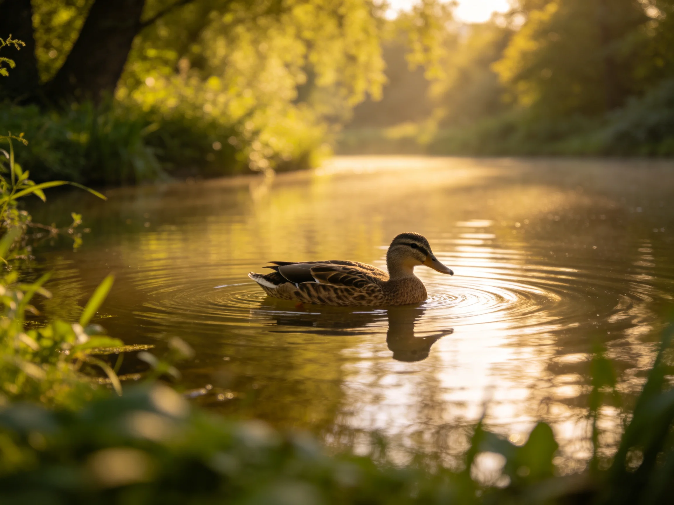 A duck swims in a sunlit river with golden light and lush greenery