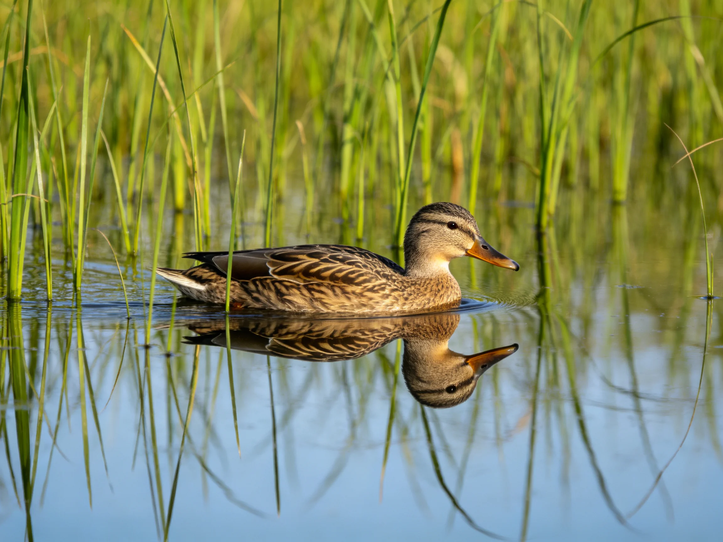 A duck swims in calm water amid tall green reeds