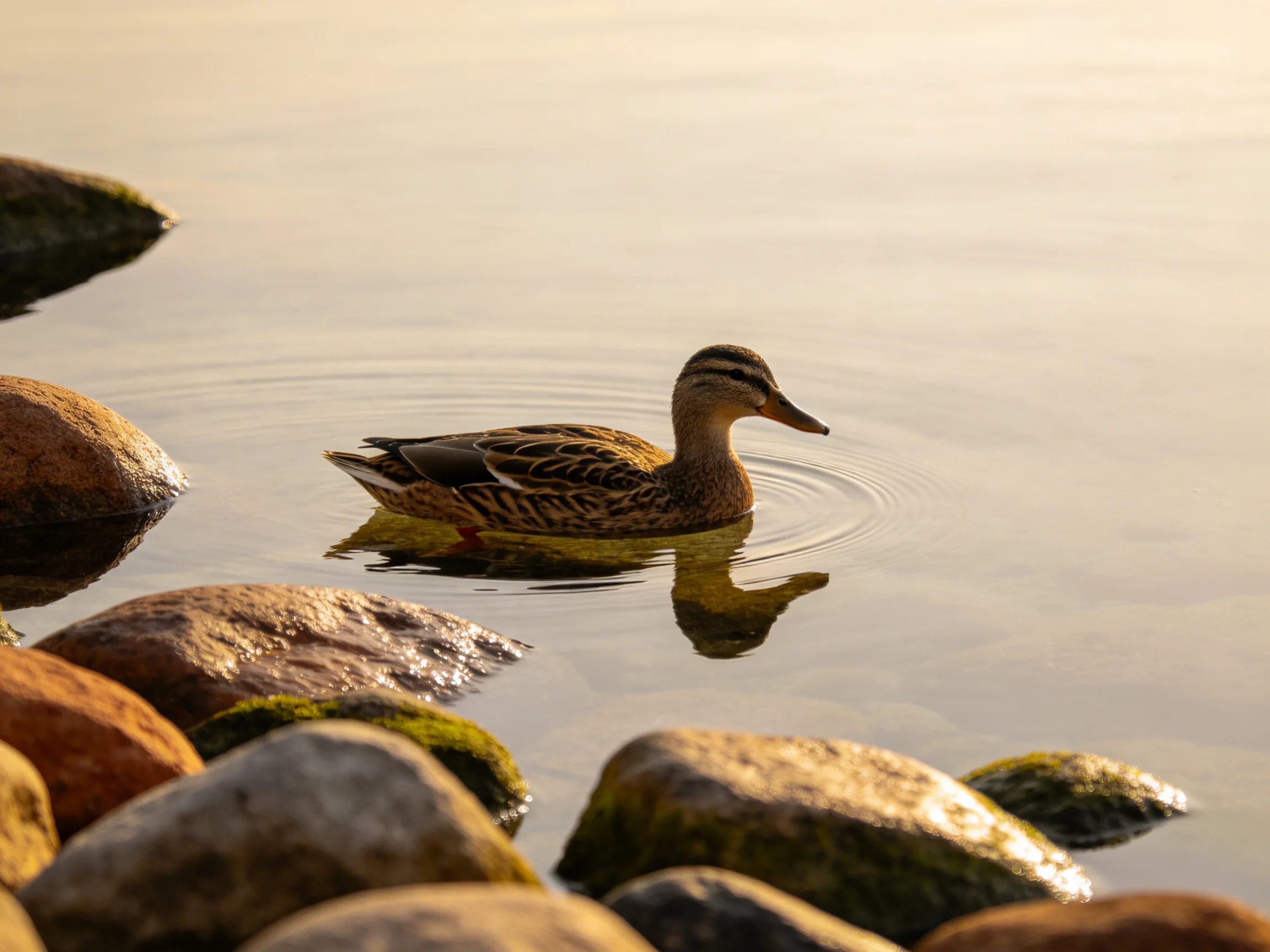 A duck swims in calm water near moss-covered rocks
