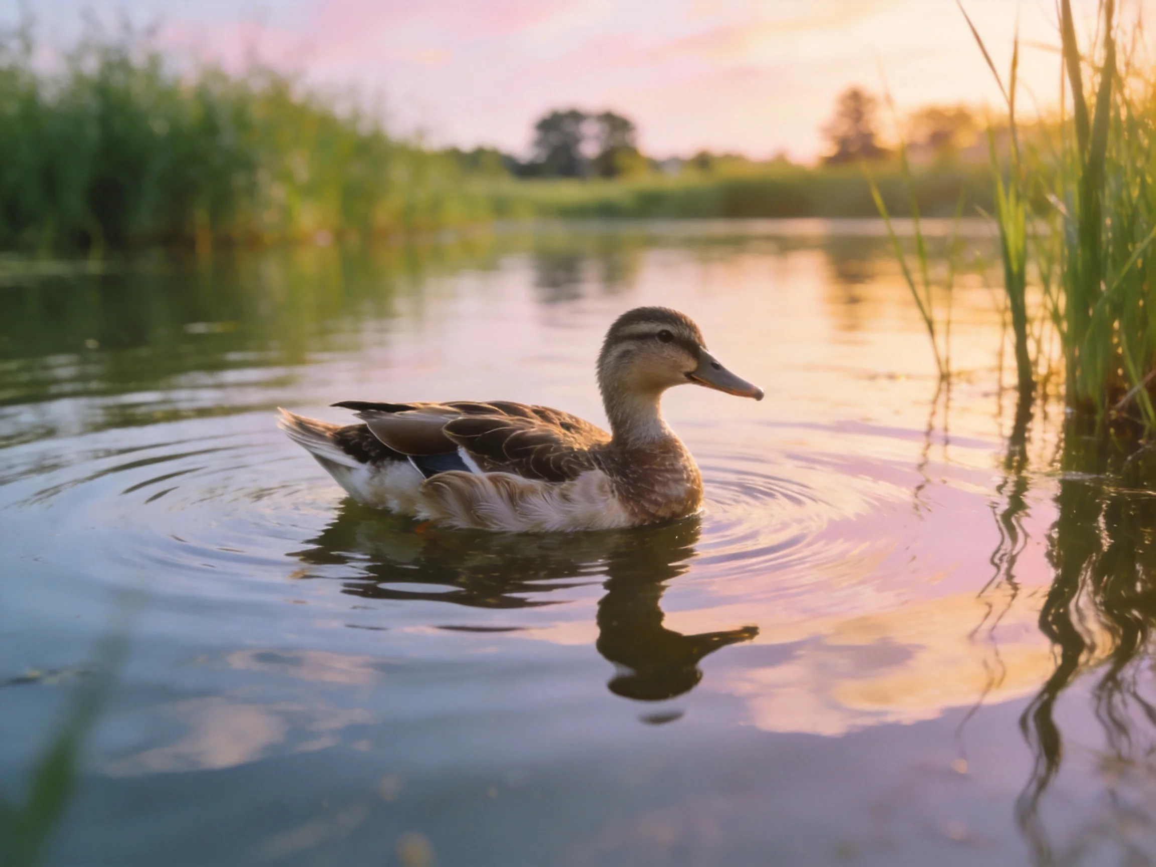 A duck swims in calm water near tall green reeds at sunset