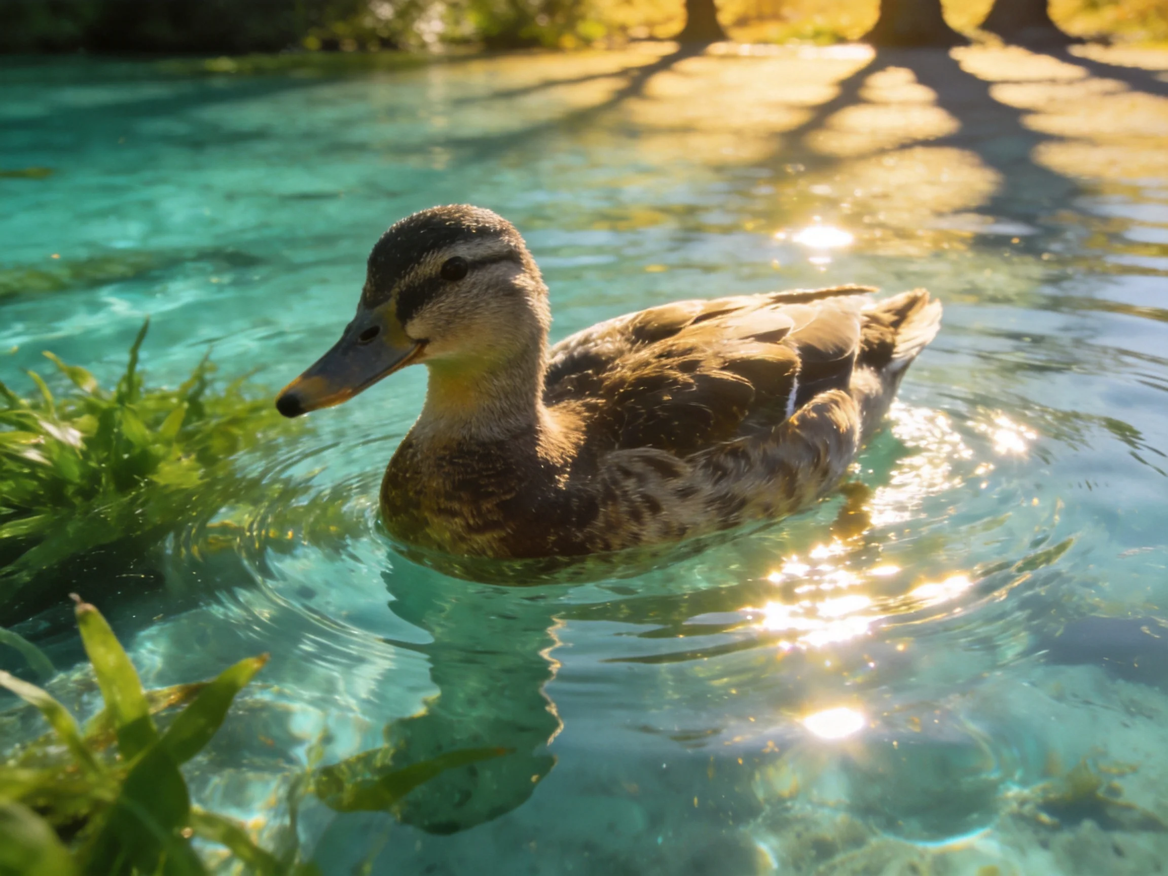A duck swims in clear turquoise water with sunlight reflections