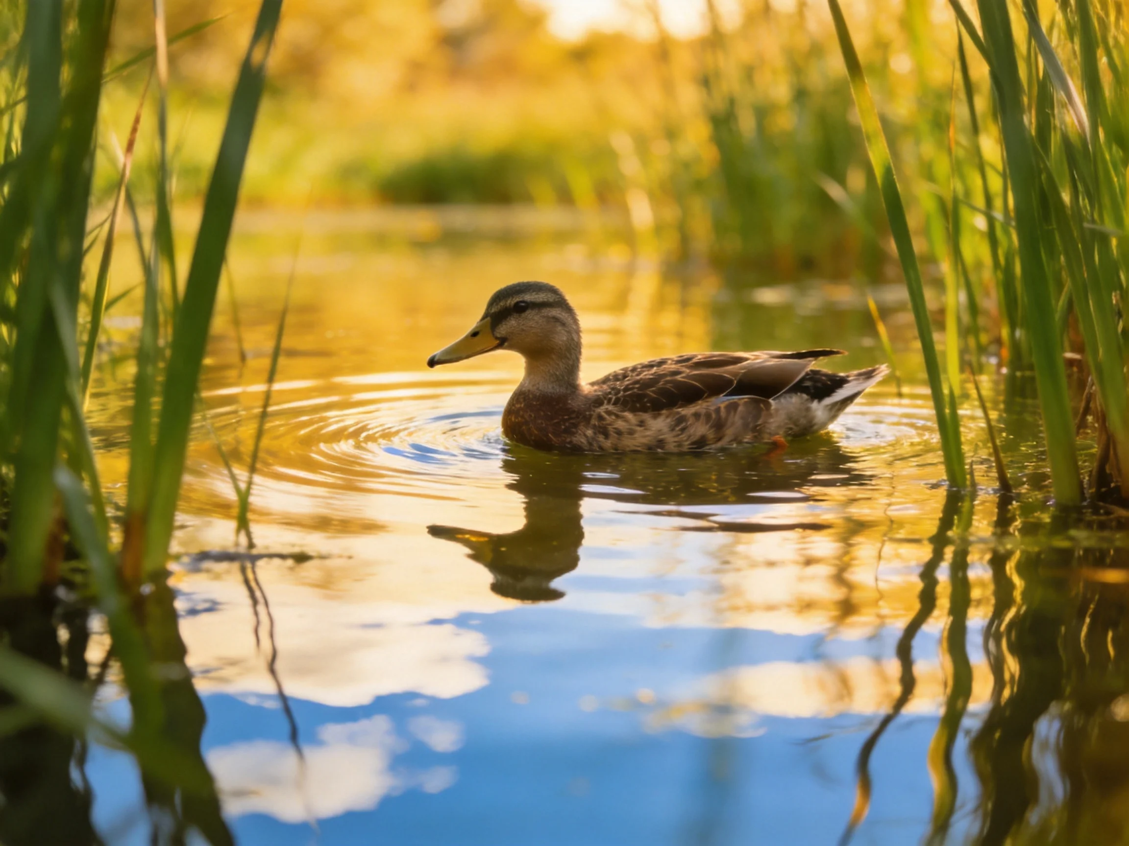 A duck swims in golden-hued water amid tall green reeds