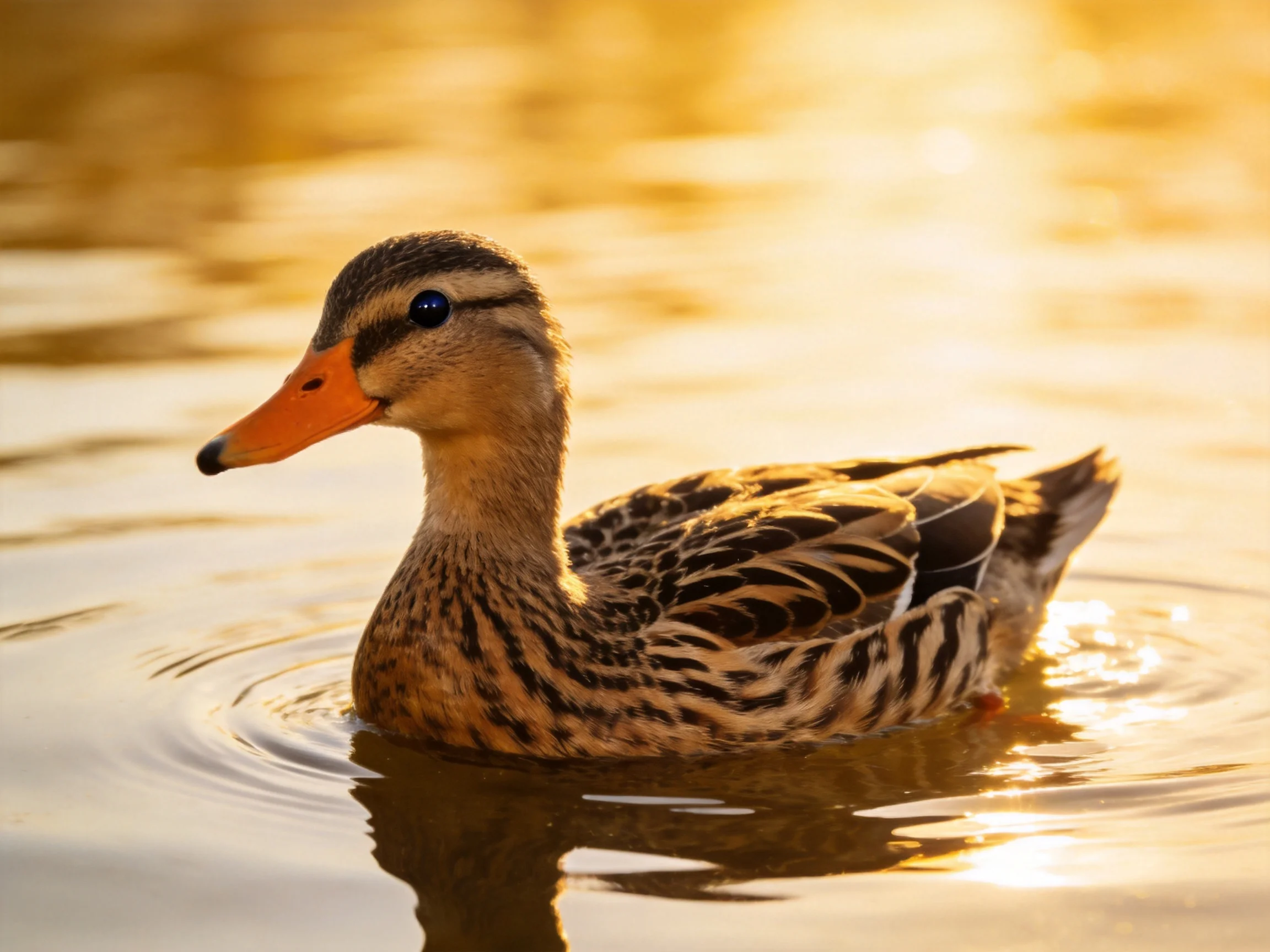 A duck swims in golden-lit water with patterned feathers