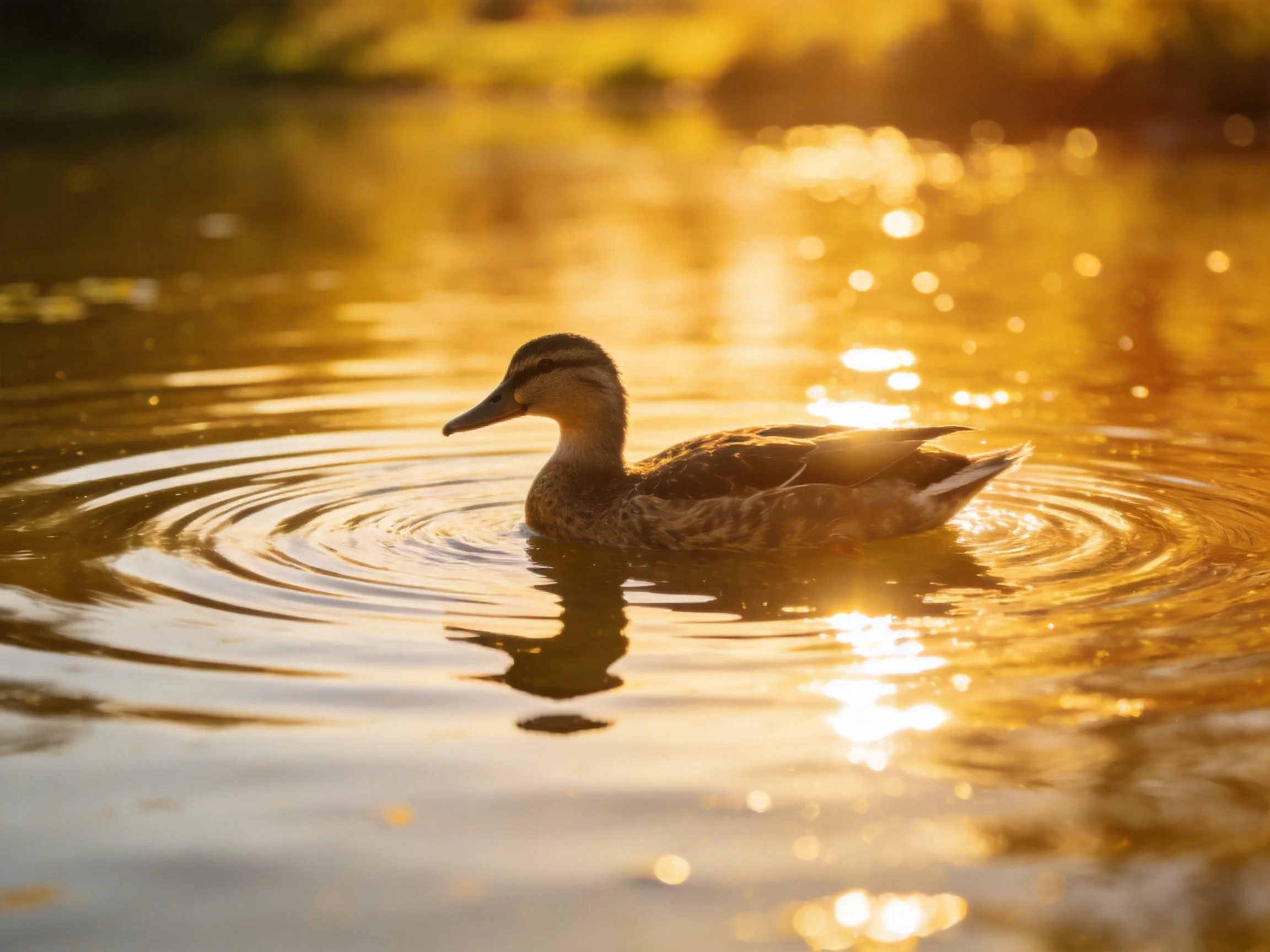 A duck swims in golden-lit water with shimmering ripples
