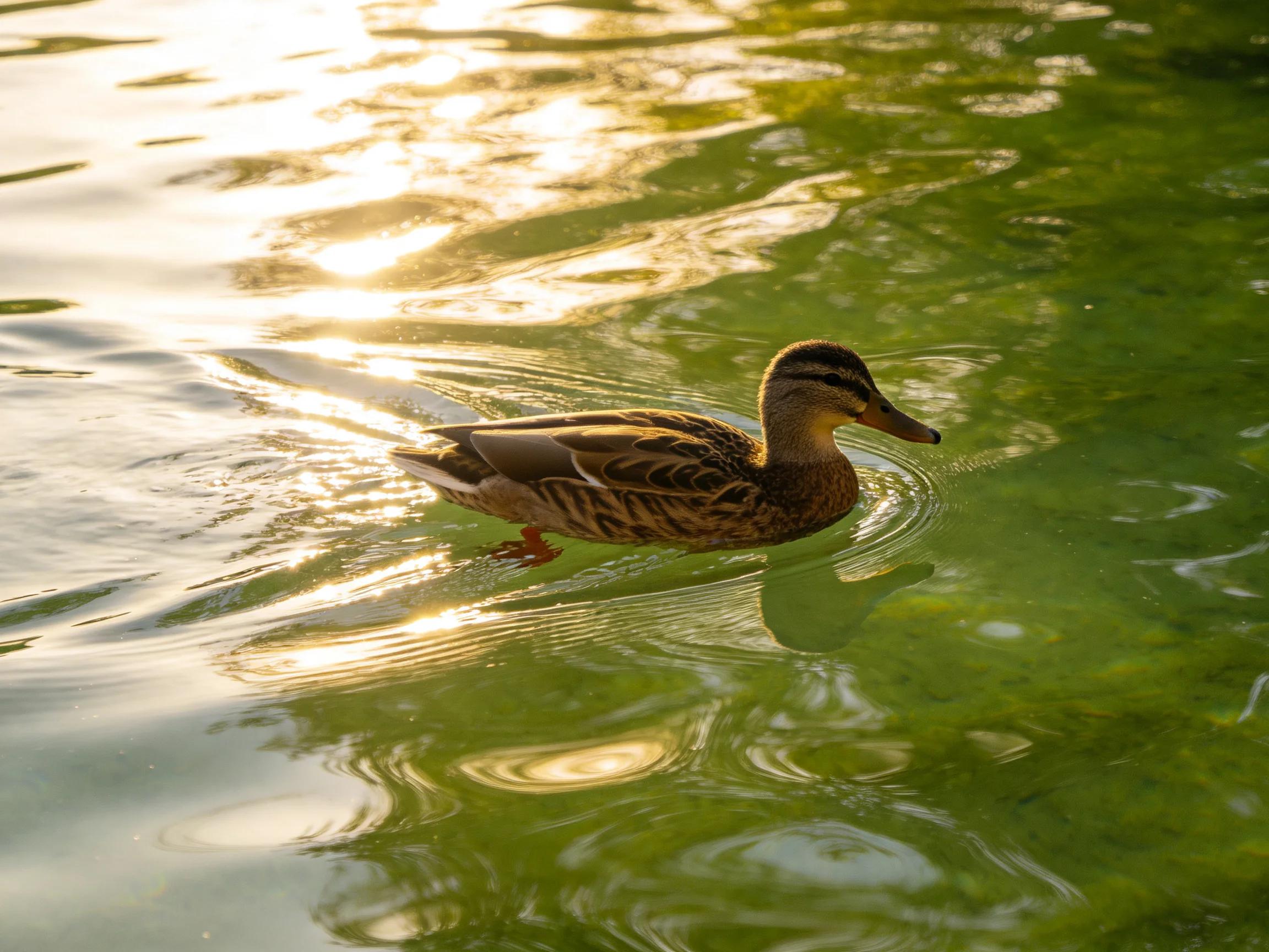 A duck swims in green-tinted water with golden sunlight reflections