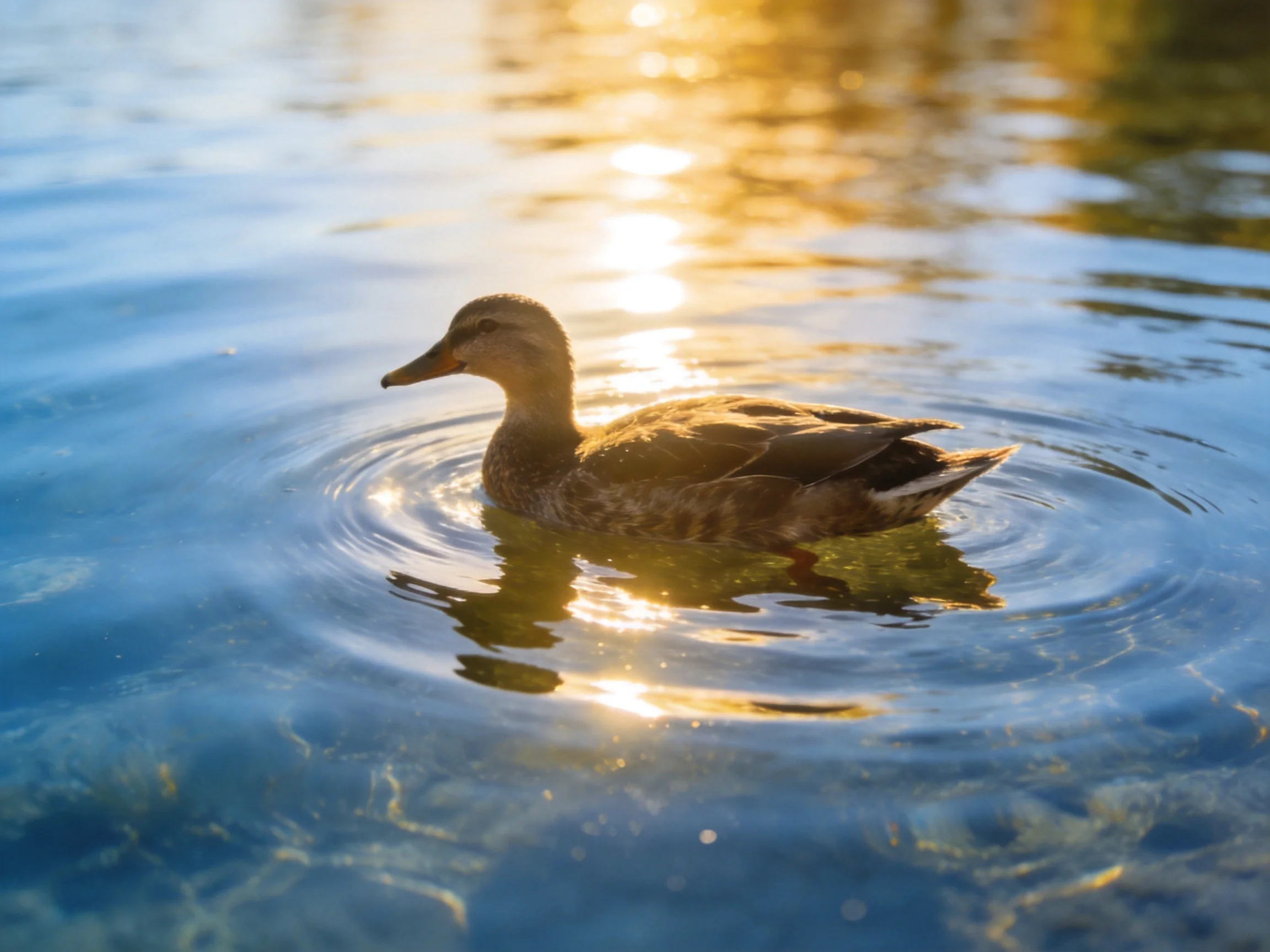 A duck swims in shimmering blue water lit by golden sunlight
