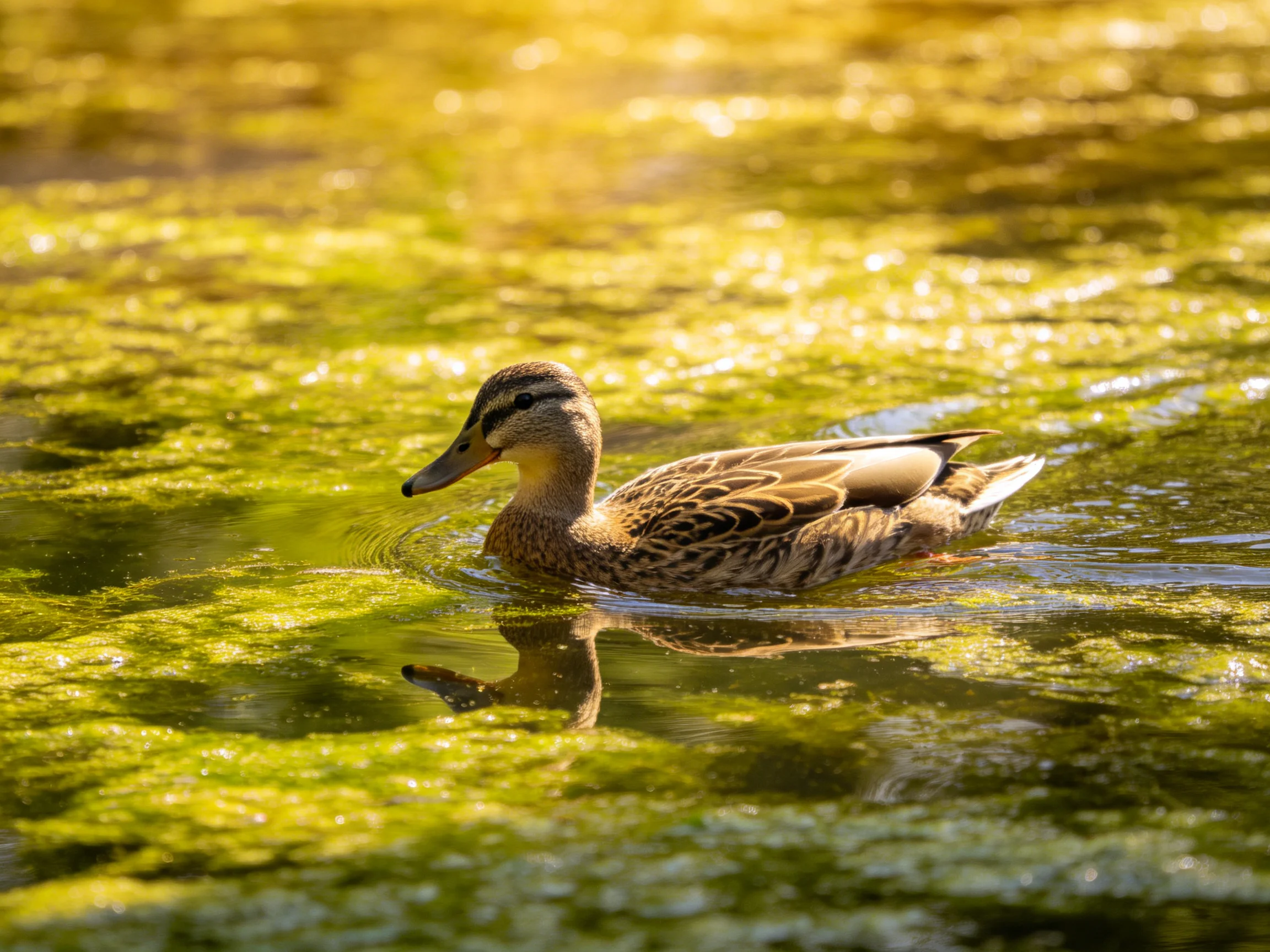 A duck swims in sunlit, algae-covered water