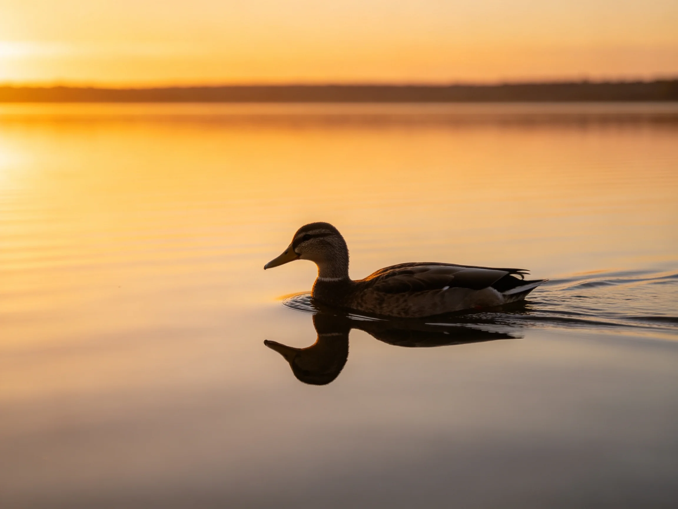 A duck swims on calmwater reflecting golden sunset light