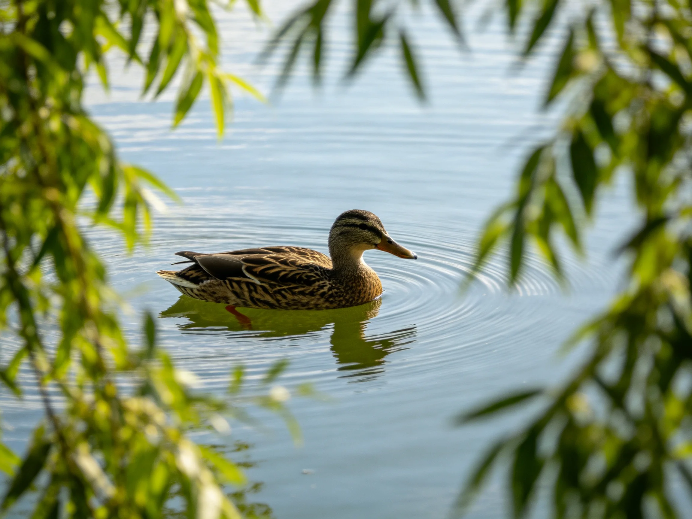 A duck swims peacefully among rippling blue water and lush green foliage