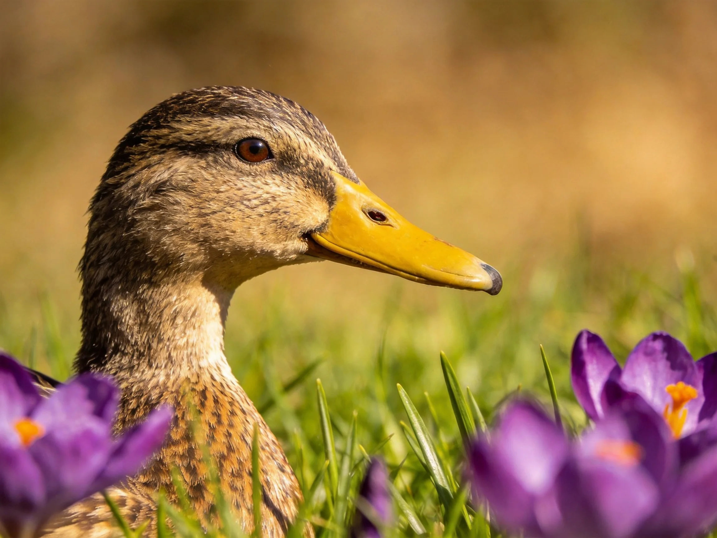 A duck with a yellow beak is near purple crocuses in a grassy setting.