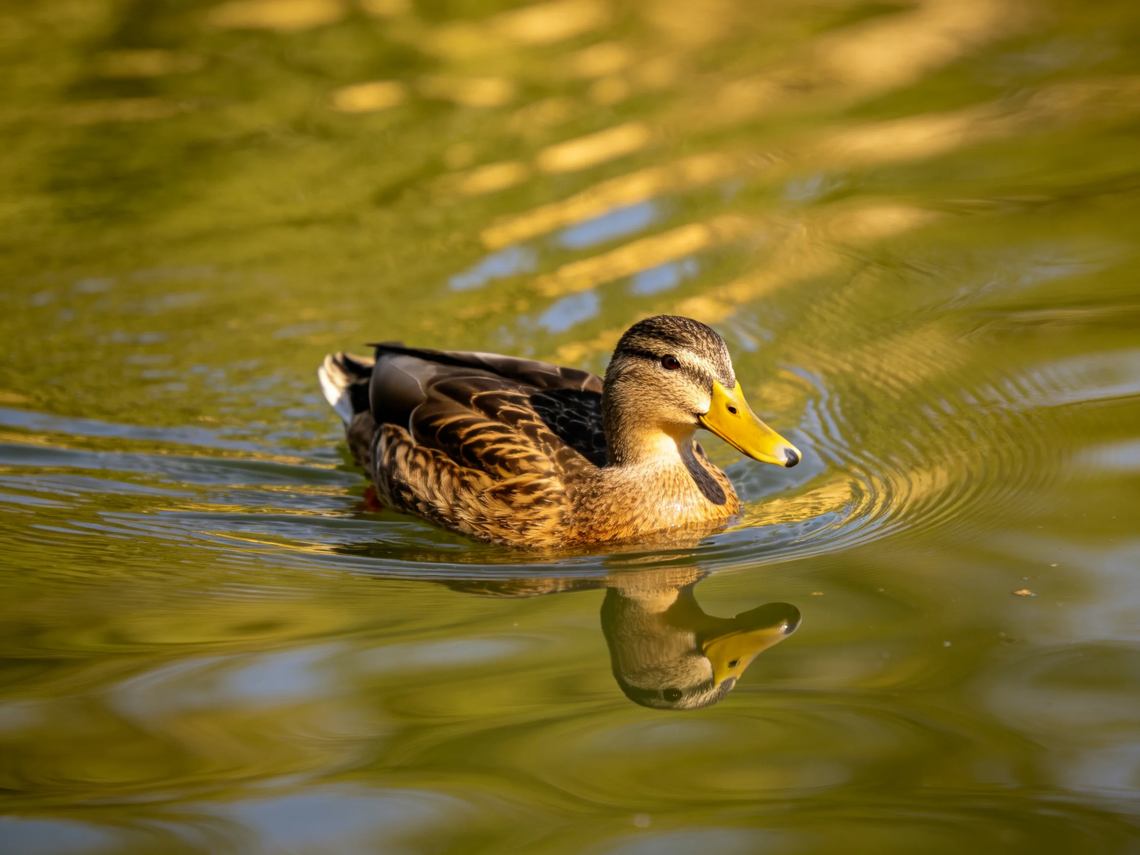 A duck with a bright yellow beak swims in golden-hued water