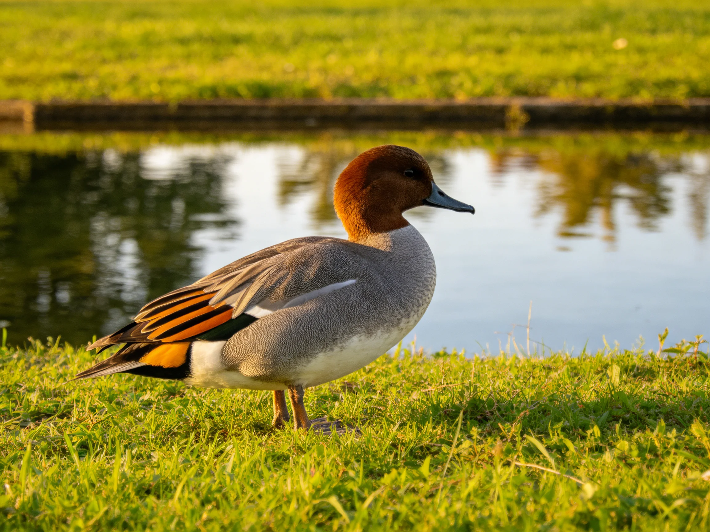 A duck with a brown head and colorful wings stands on green grass near a calm pond