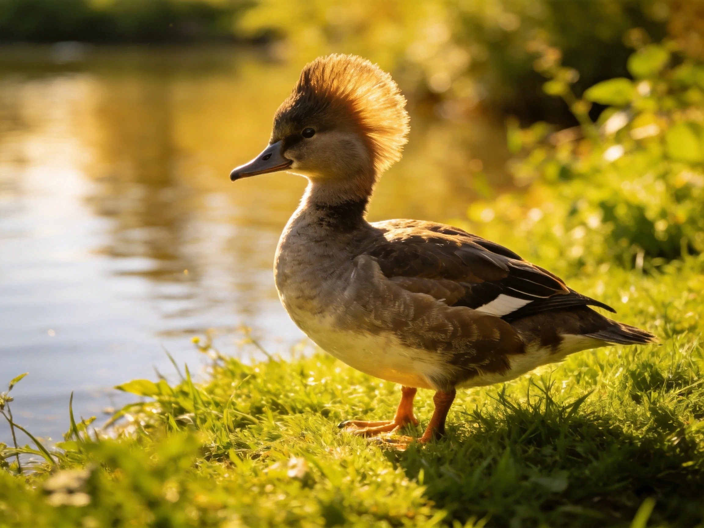 A duck with a golden feathered crest stands by a sunlit stream amid lush greenery