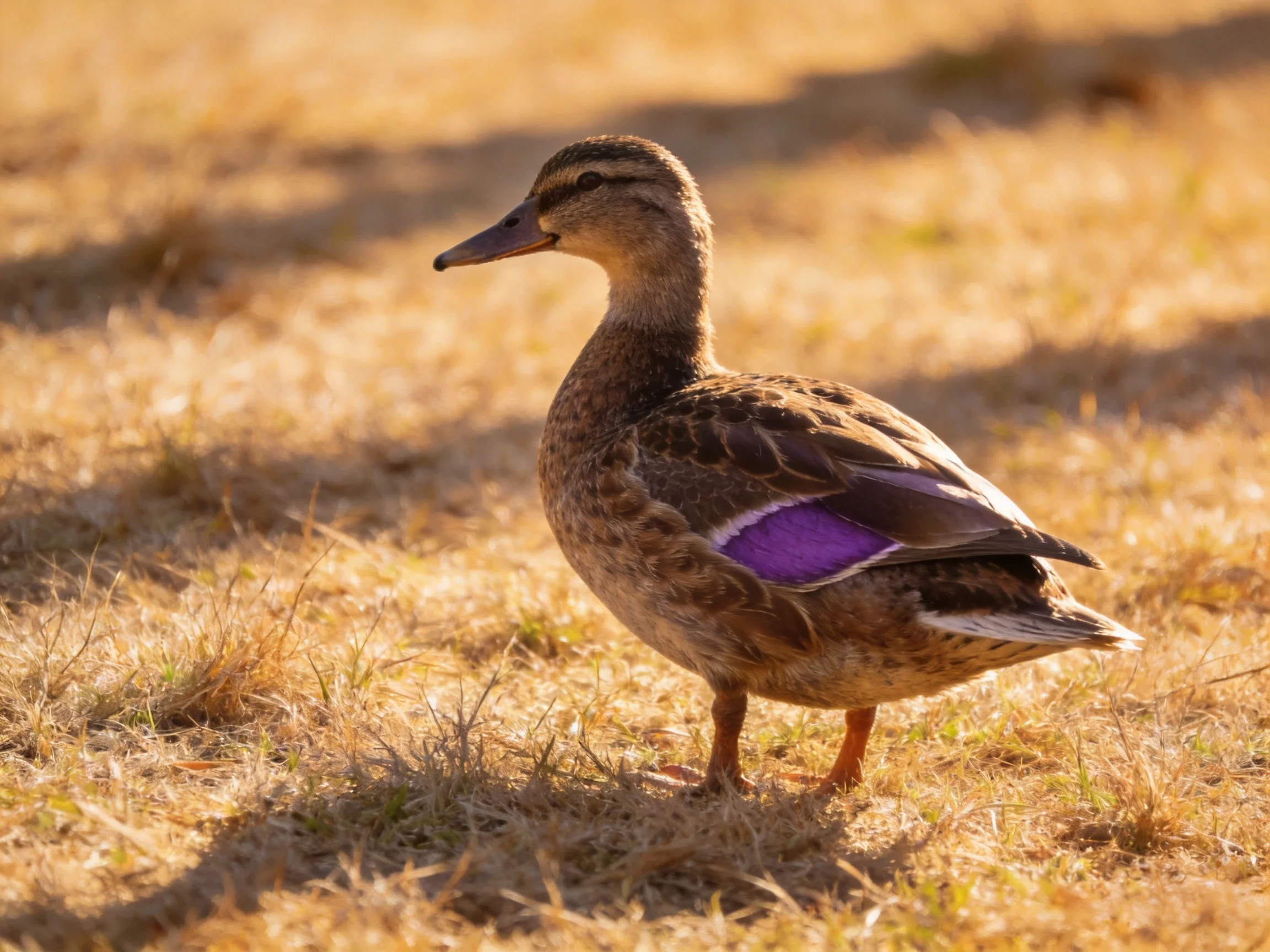 A duck with a purple wing patch on sunlit golden grass