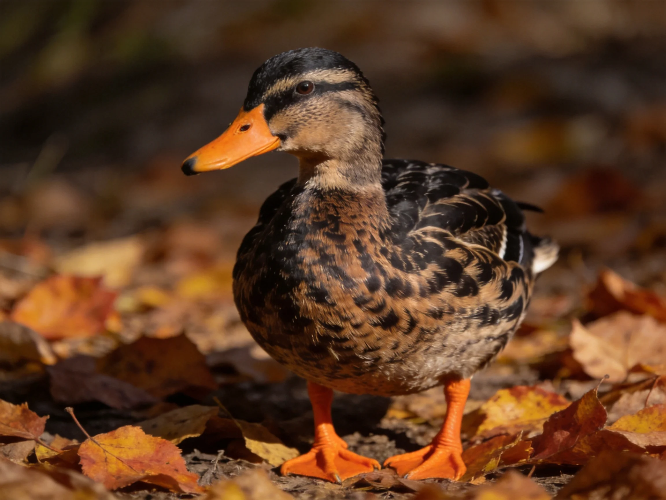 A duck with an orange beak is among fallen autumn leaves.