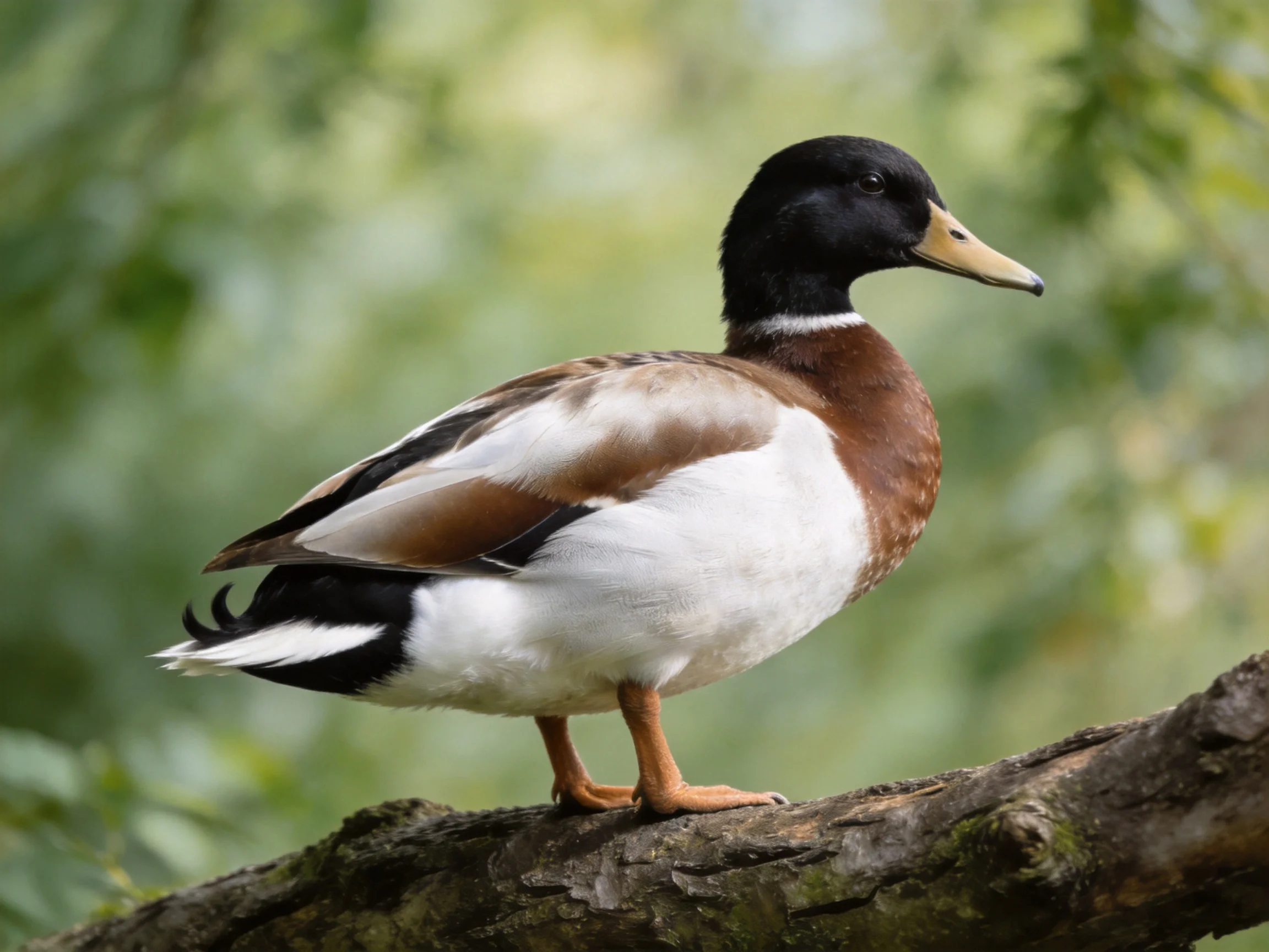 A duck with black head, brown chest, and white feathers perched on a tree branch