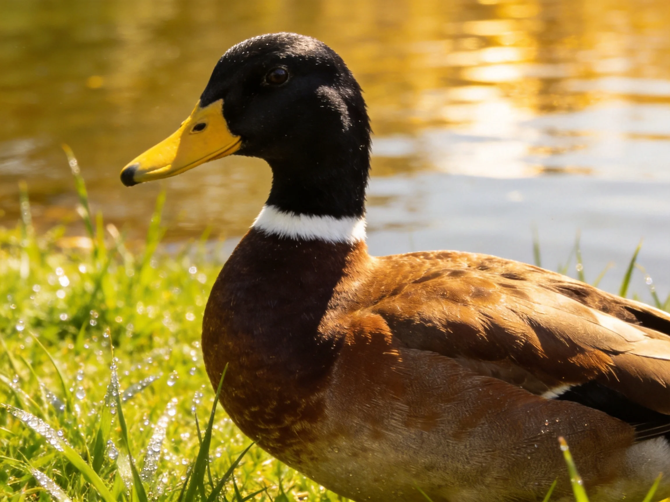 A duck with black head, yellow beak, brown feathers near a golden pond