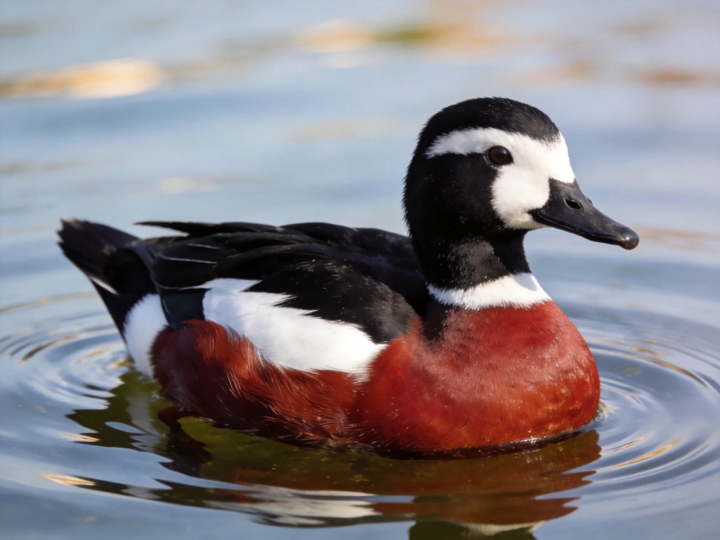 A duck with black, white, and reddish-brown feathers swims in calm water