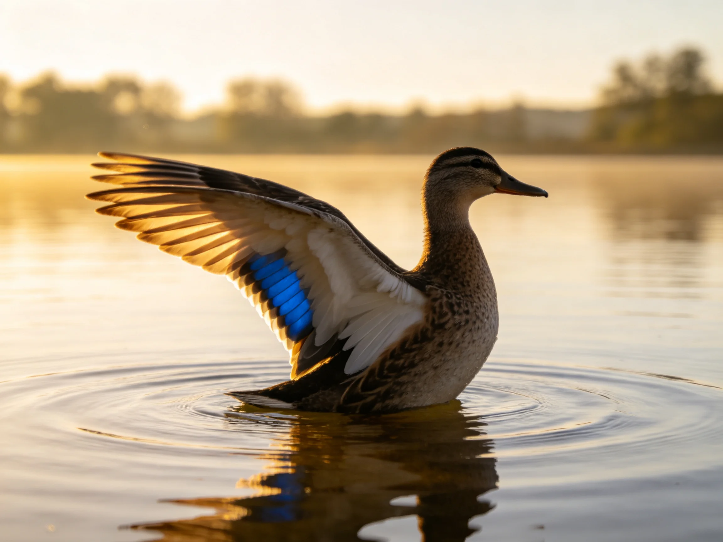 A duck with blue wing patches flapping in serene lake waters during golden hour