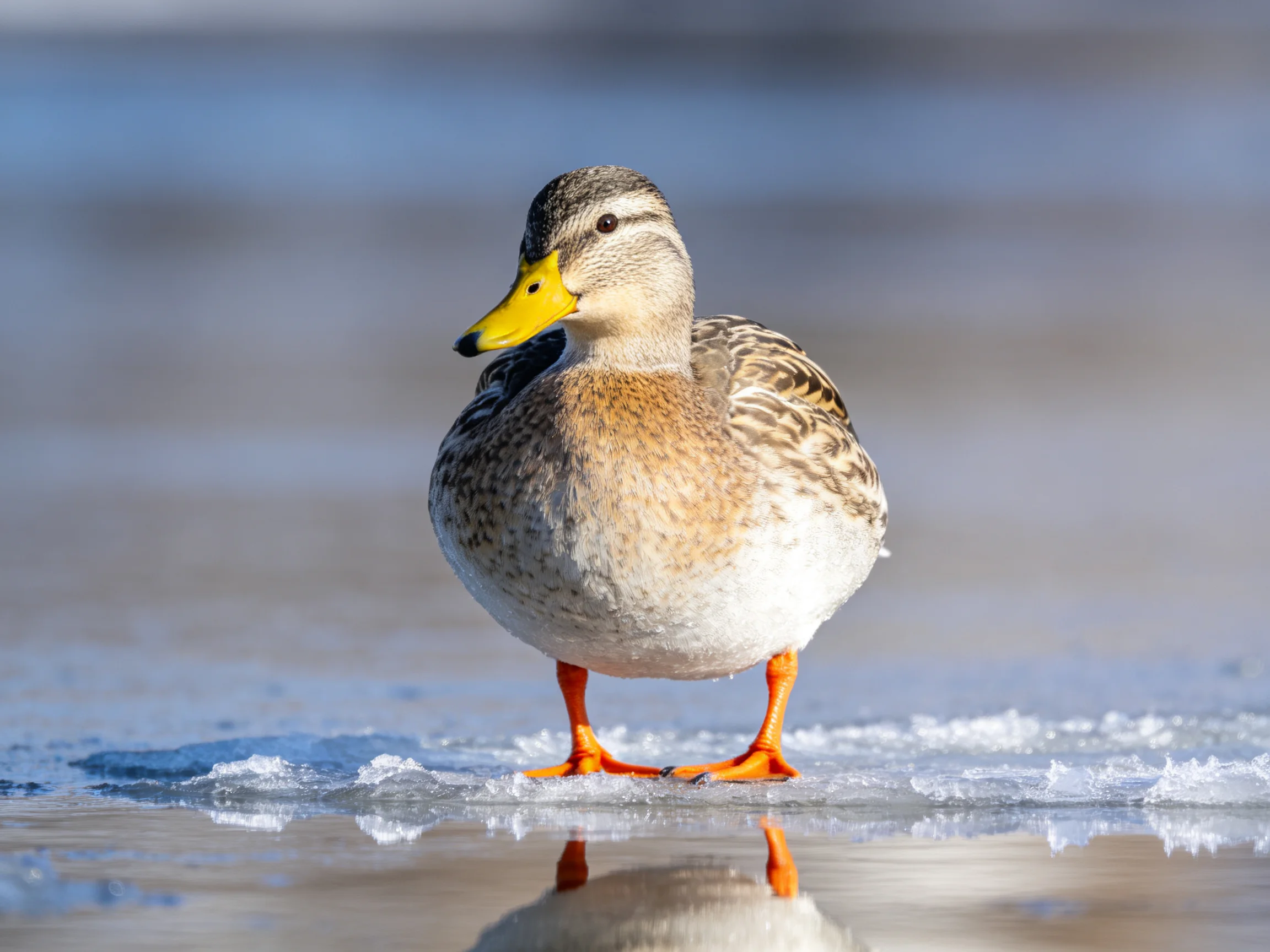 A duck with bright orange feet and yellow beak stands on icy water with reflection
