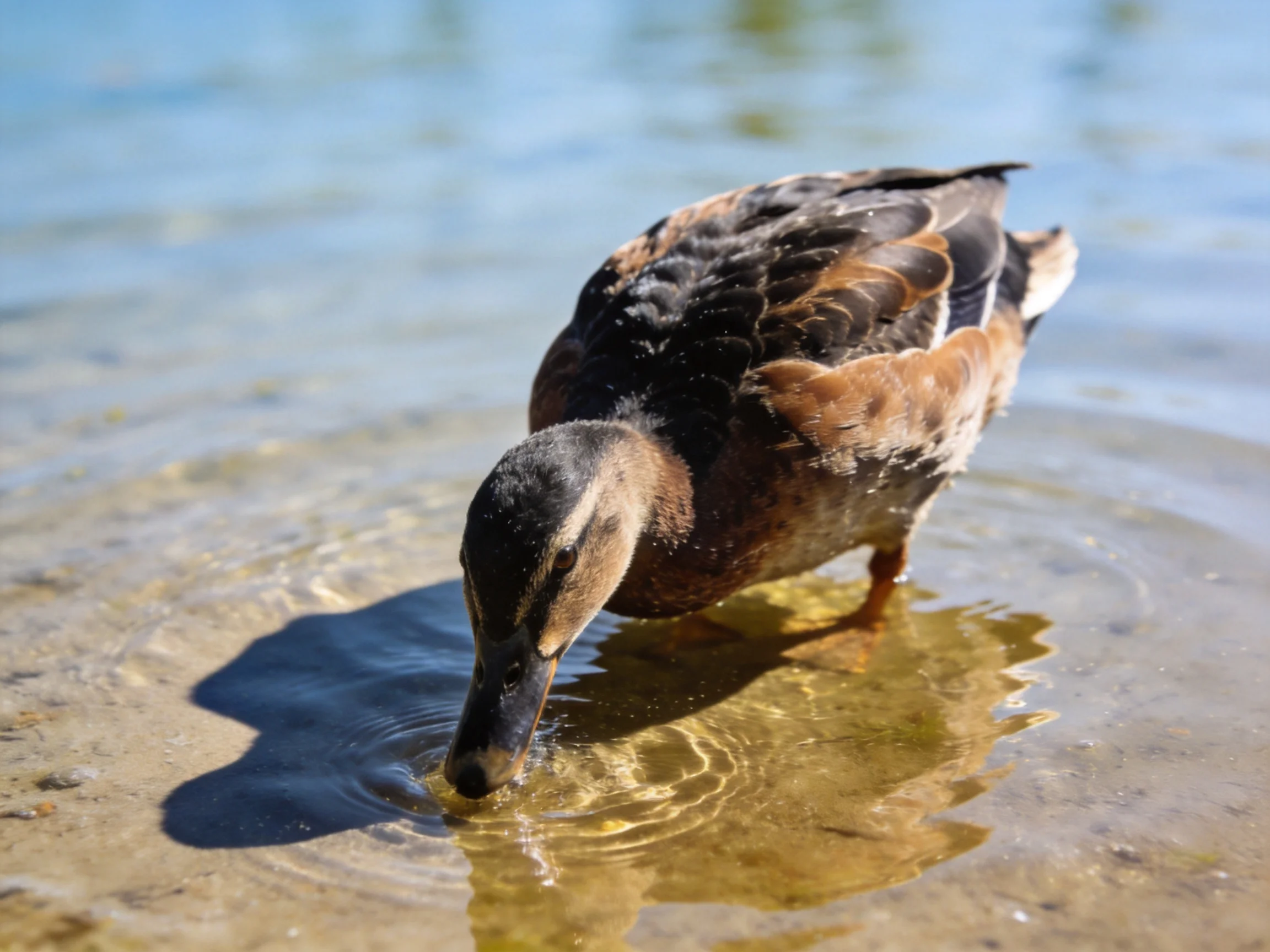 A duck with brown and black plumage drinks from shallow water