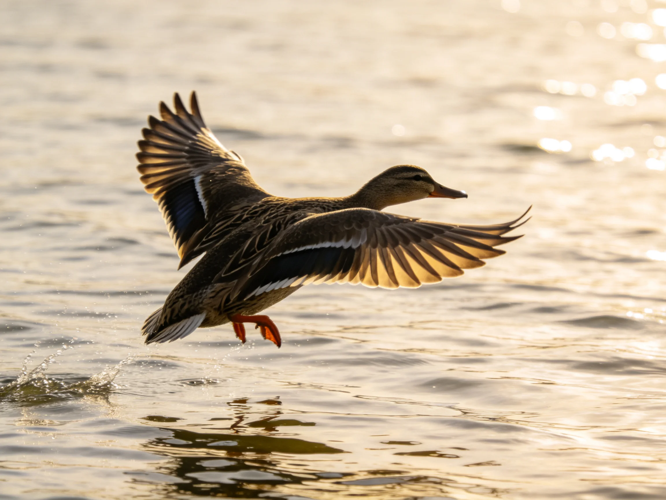 A duck with brown and black plumage flies over shimmering water