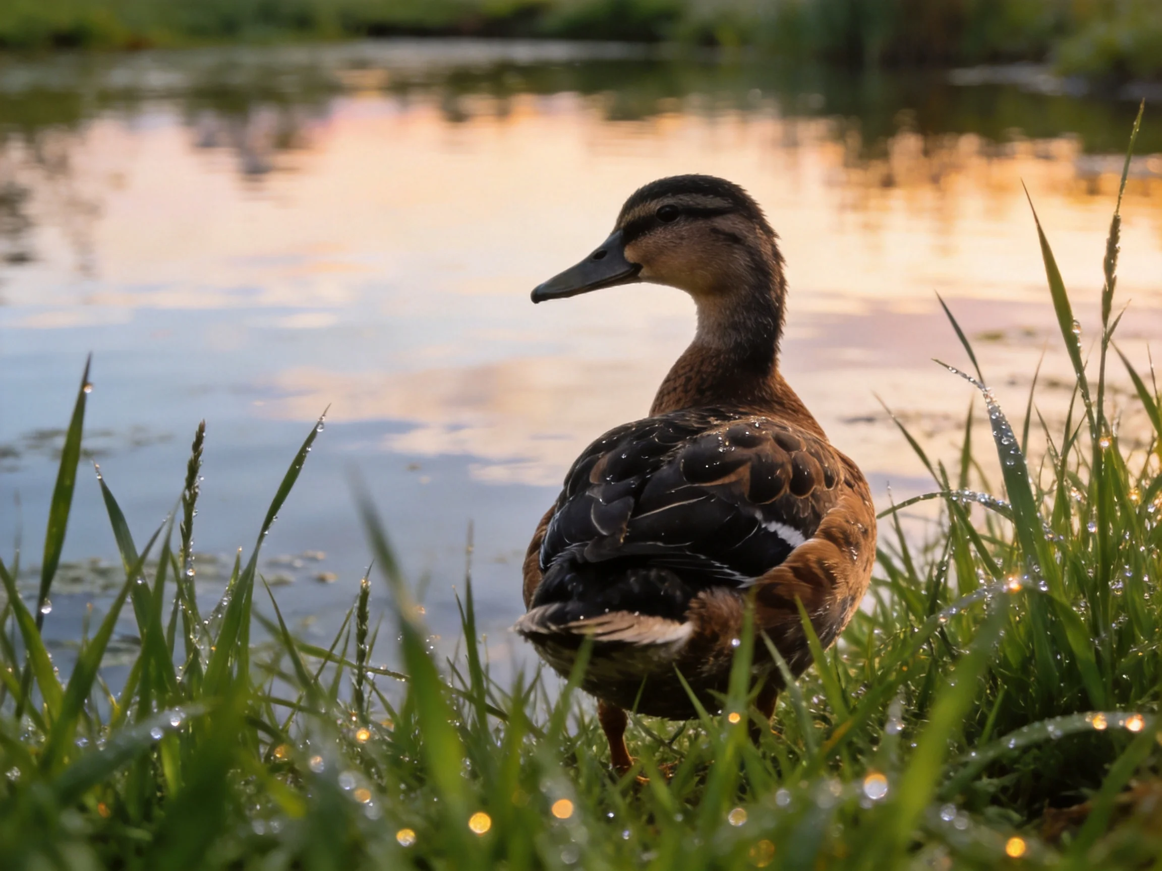 A duck with brown and black plumage stands by calm water amid dewy green grasses
