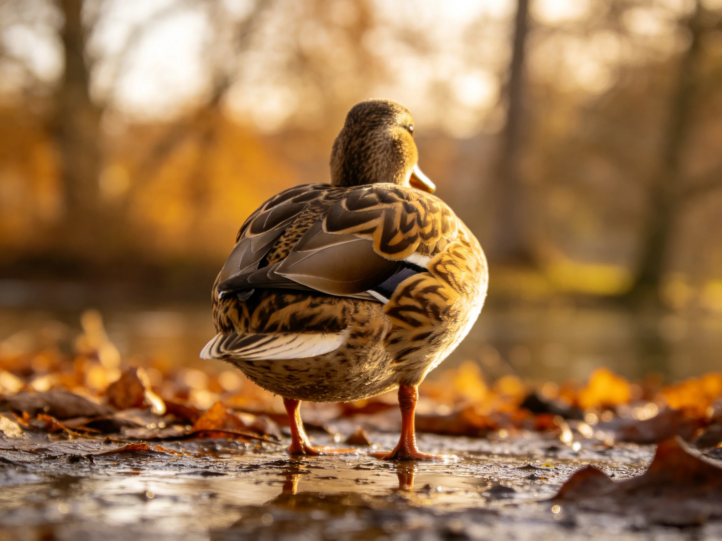 A duck with brown and black plumage stands on wet ground amid autumn leaves under warm light