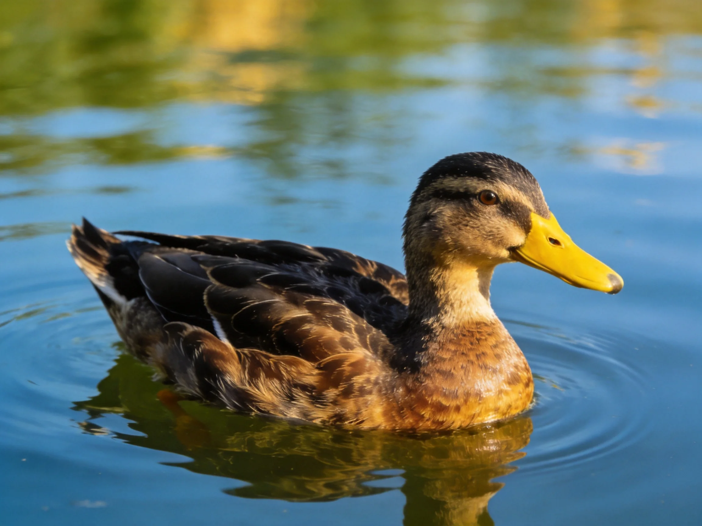 A duck with brown and black plumage swims in calm blue water