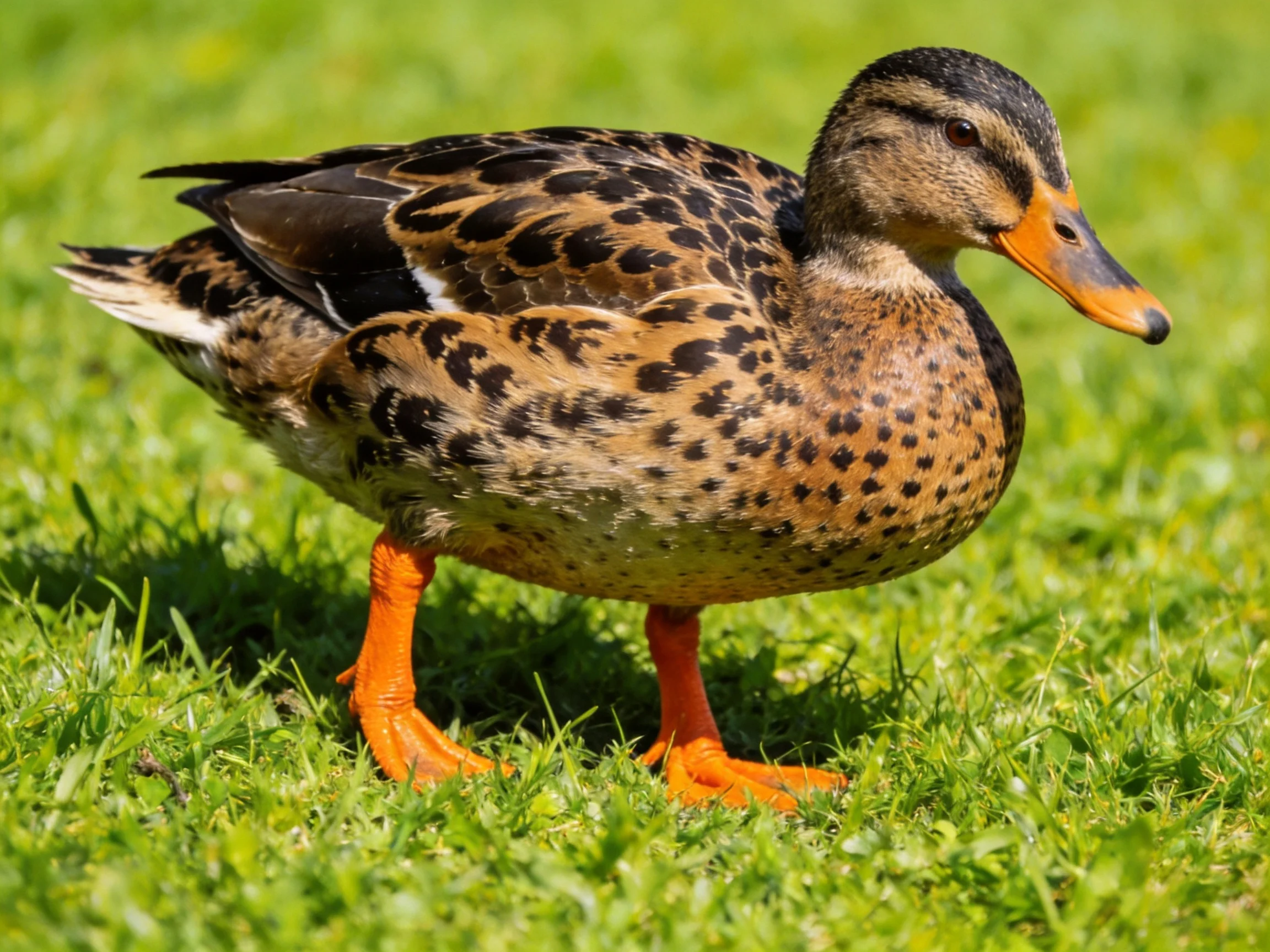 A duck with brown and black spotted plumage stands on vibrant green grass