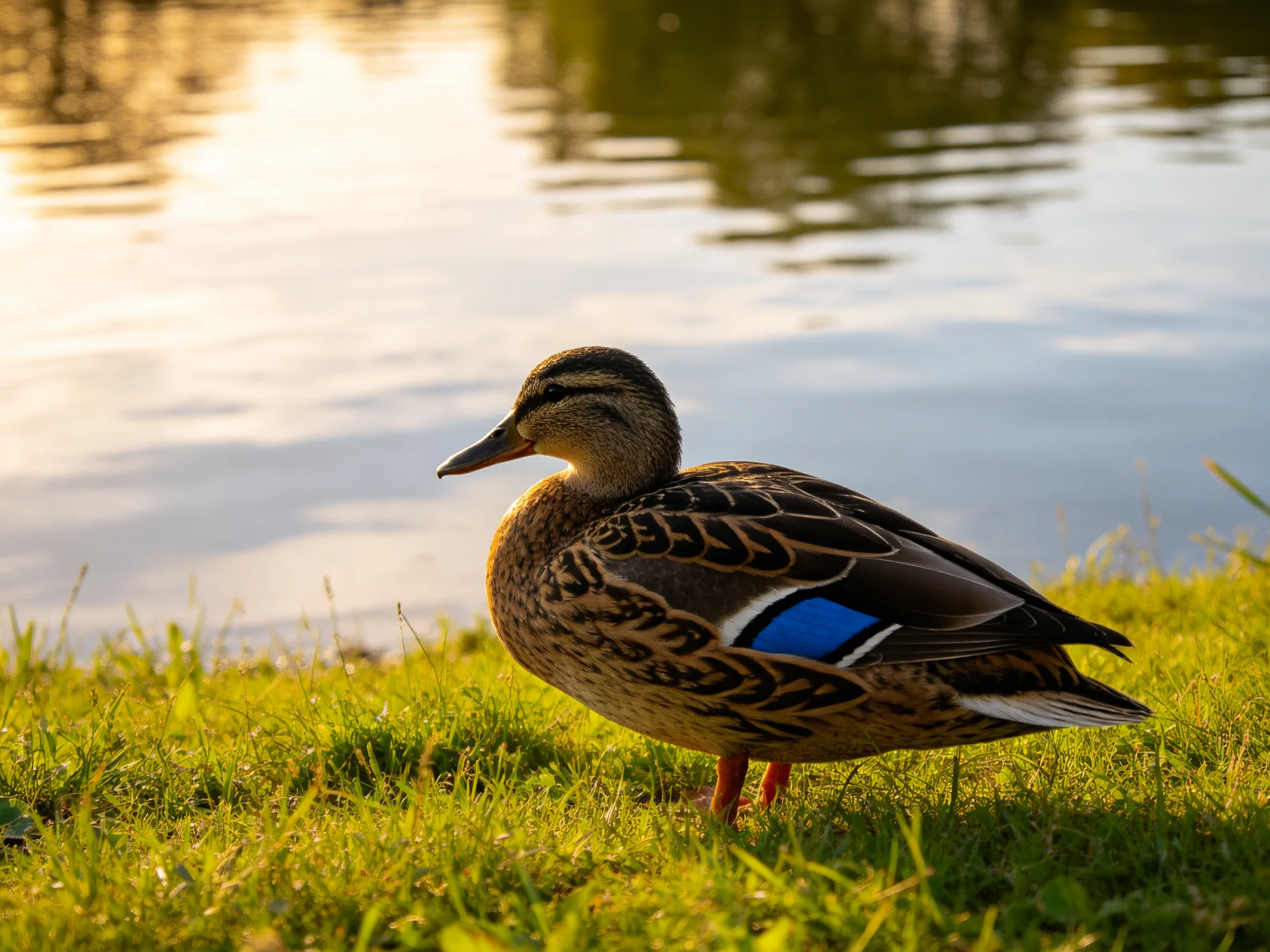 A duck with brown and blue, and white plumage stands on lush green grass beside calm water