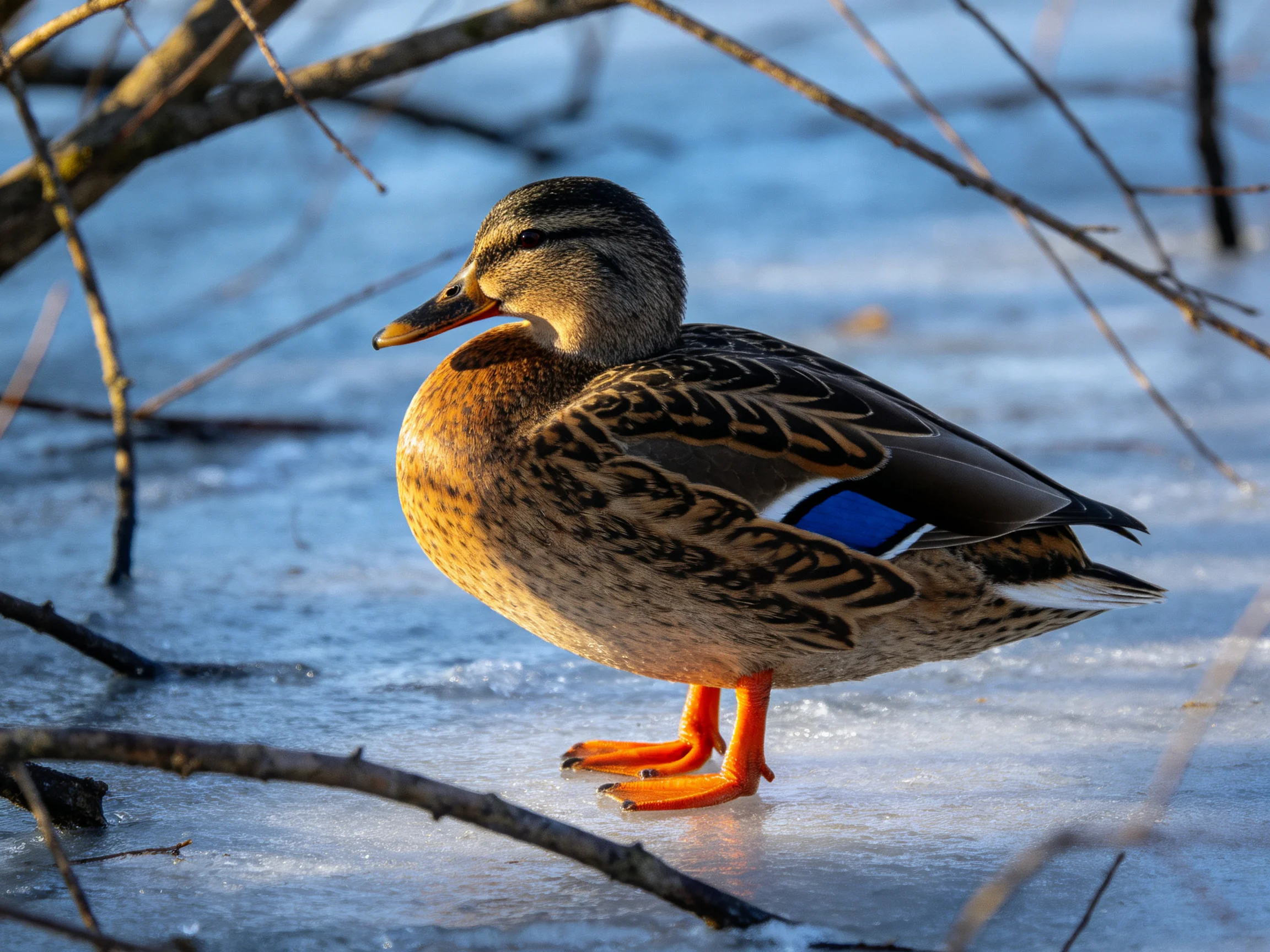 A duck with brown and blue plumage stands on icy ground near bare branches