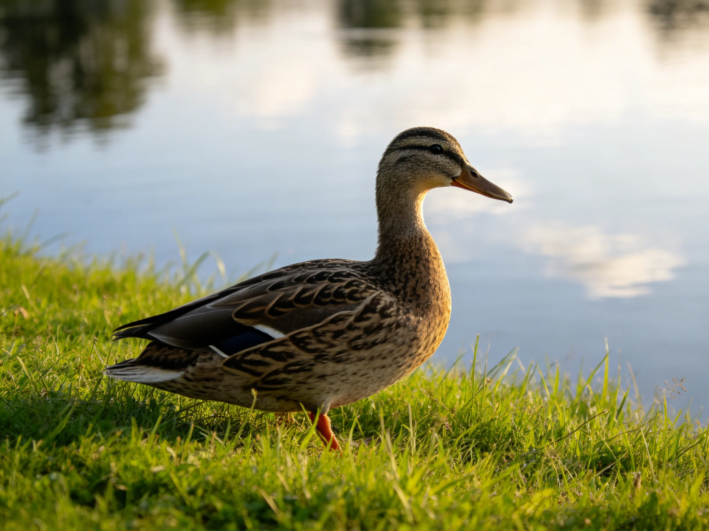 A duck with brown and dark-patterned feathers stands on vibrant green grass near calm water